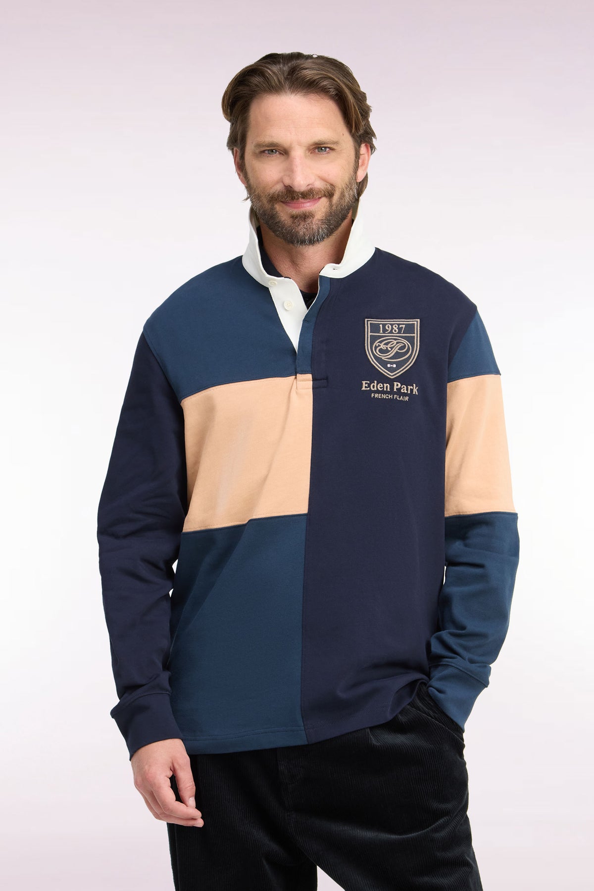Maillot manches longues en jersey de coton peigné tricolore bleu gris coupe droite