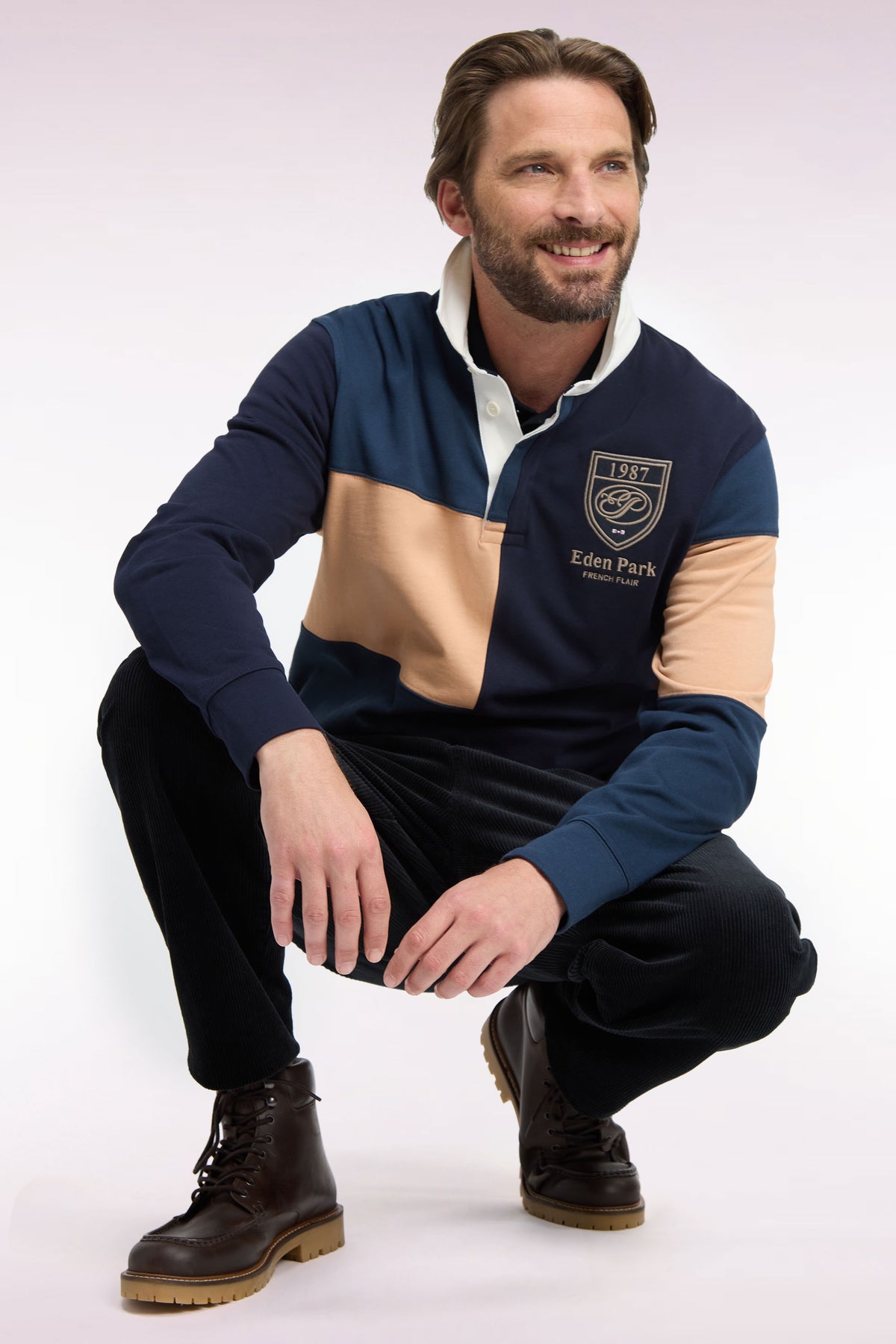 Maillot manches longues en jersey de coton peigné tricolore bleu gris coupe droite