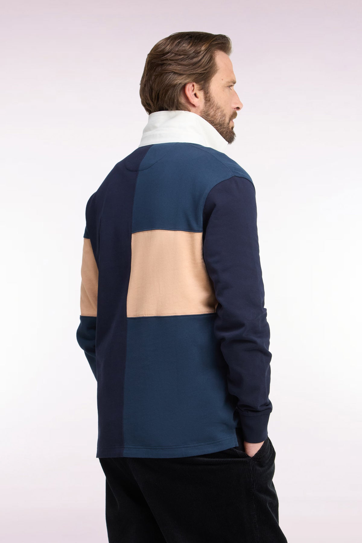 Maillot manches longues en jersey de coton peigné tricolore bleu gris coupe droite