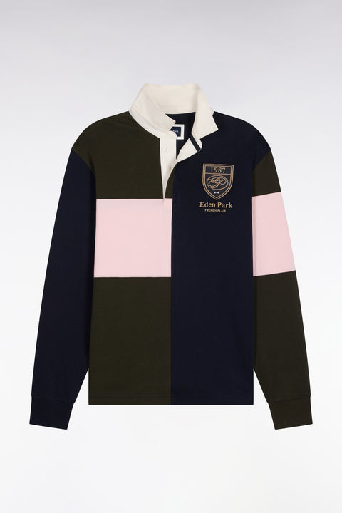 Long-sleeved jersey in straight-cut khaki tricolor combed cotton jersey - Image 2