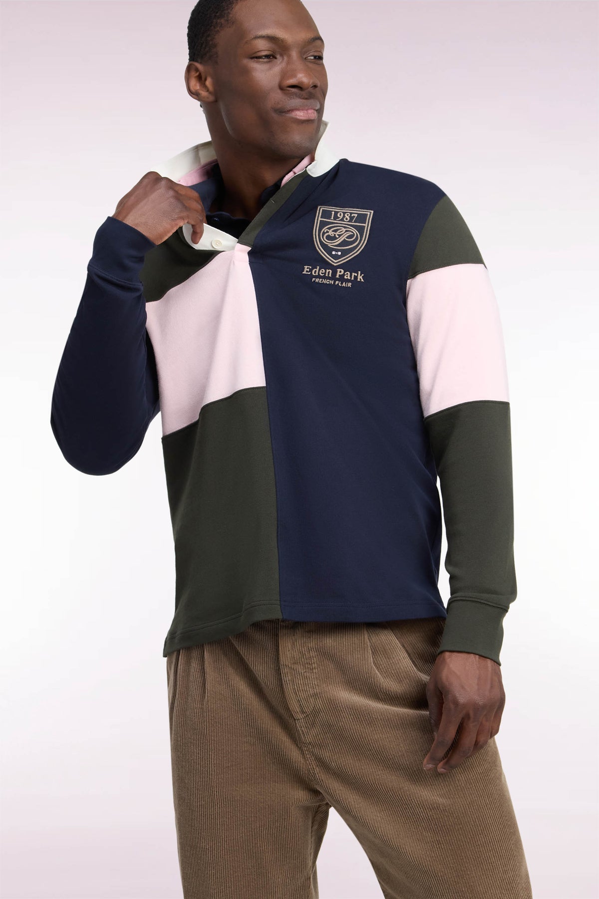 Maillot manches longues en jersey de coton peigné tricolore kaki coupe droite