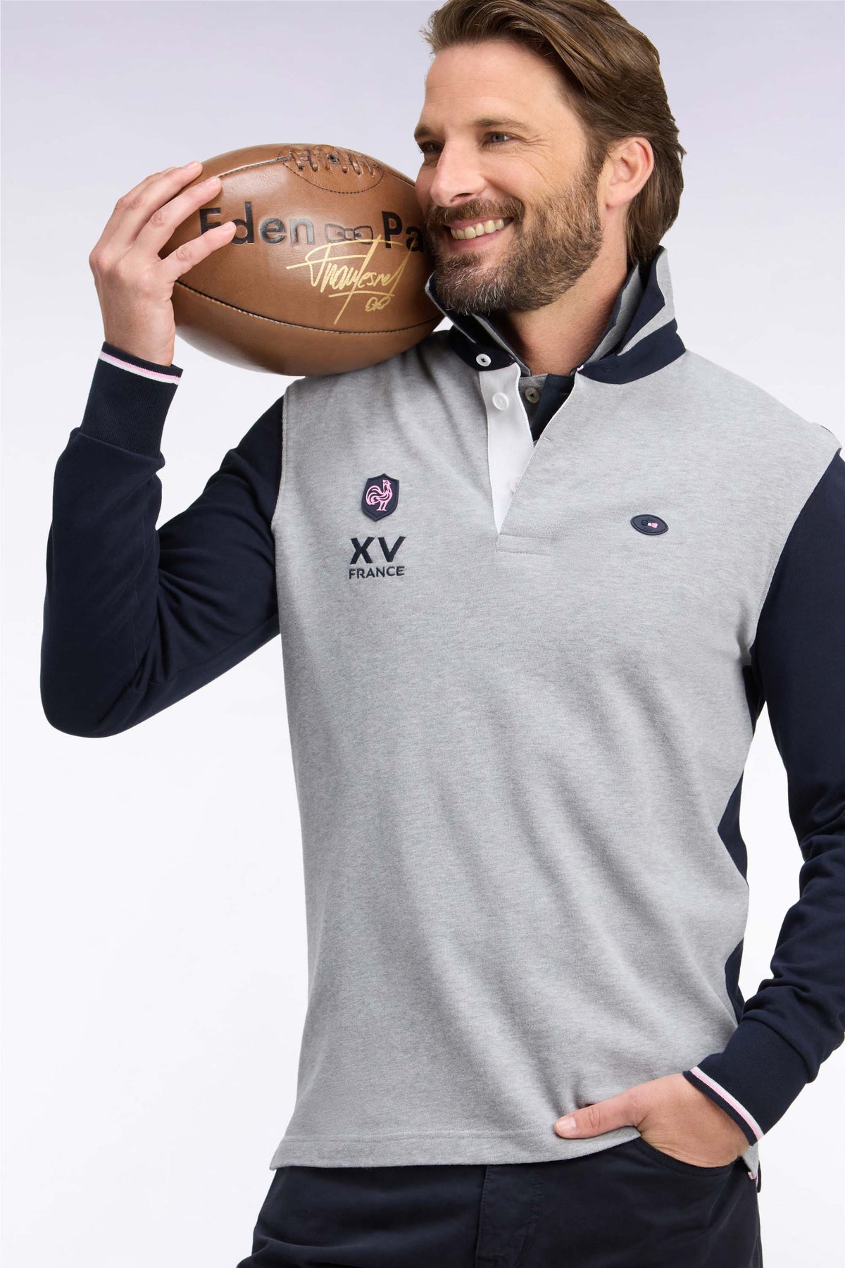 Maillot manches longues en jersey de coton marine et gris XV de France