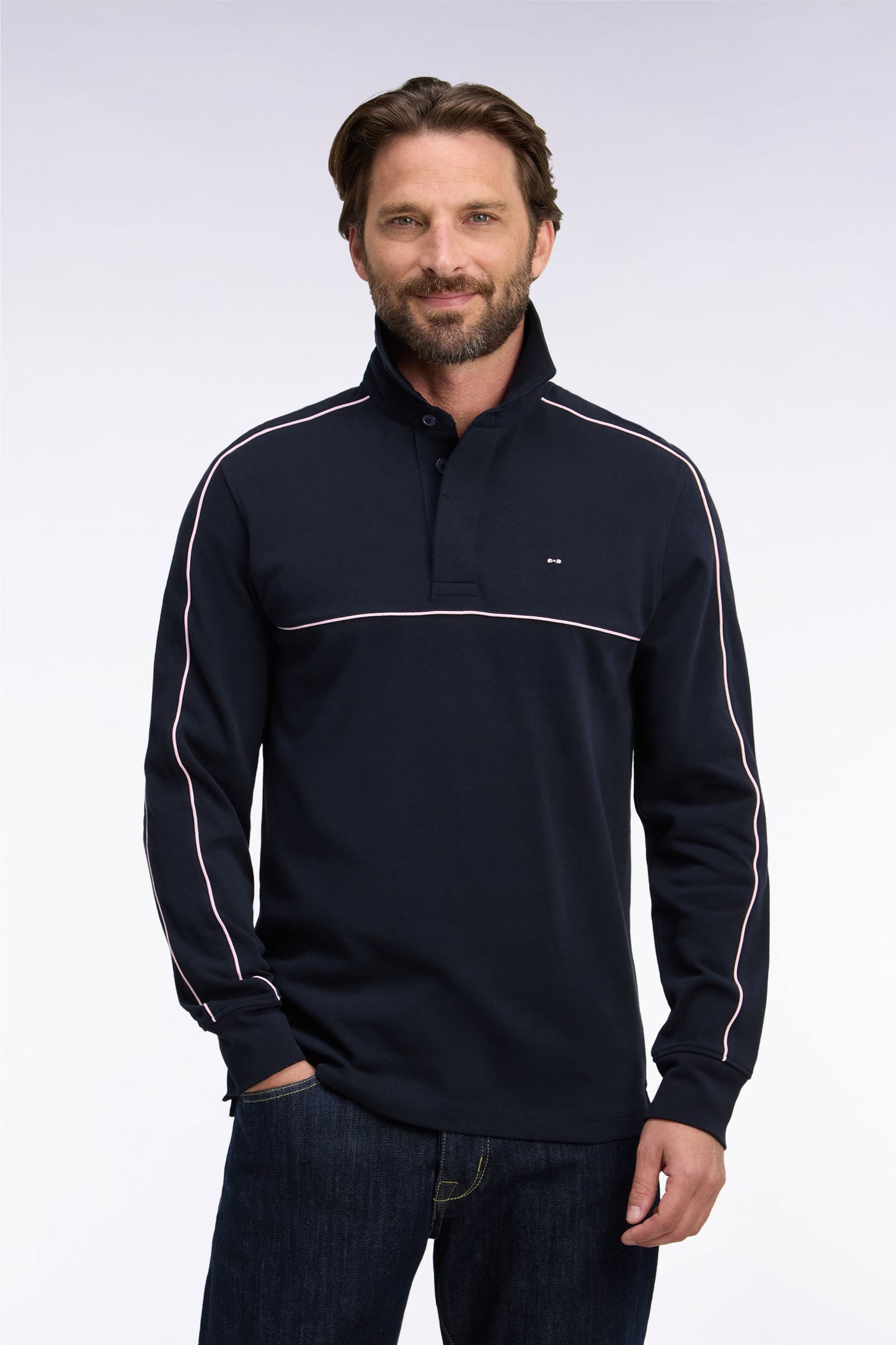 Maillot manches longues en jersey marine à passepoils roses