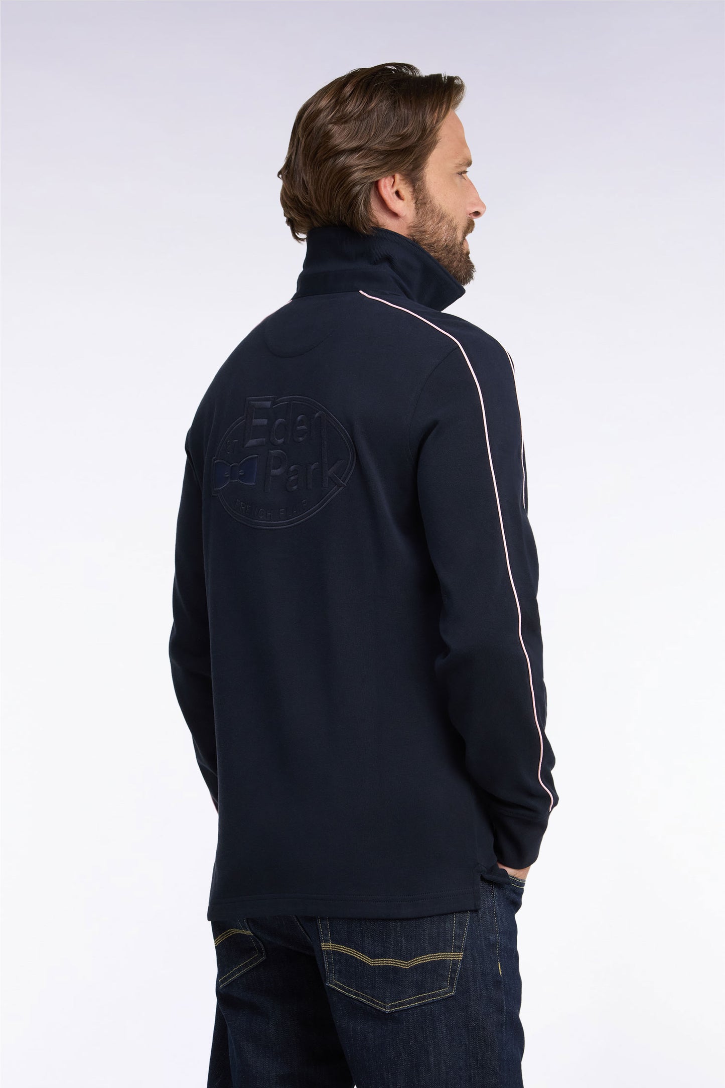 Maillot manches longues en jersey marine à passepoils roses