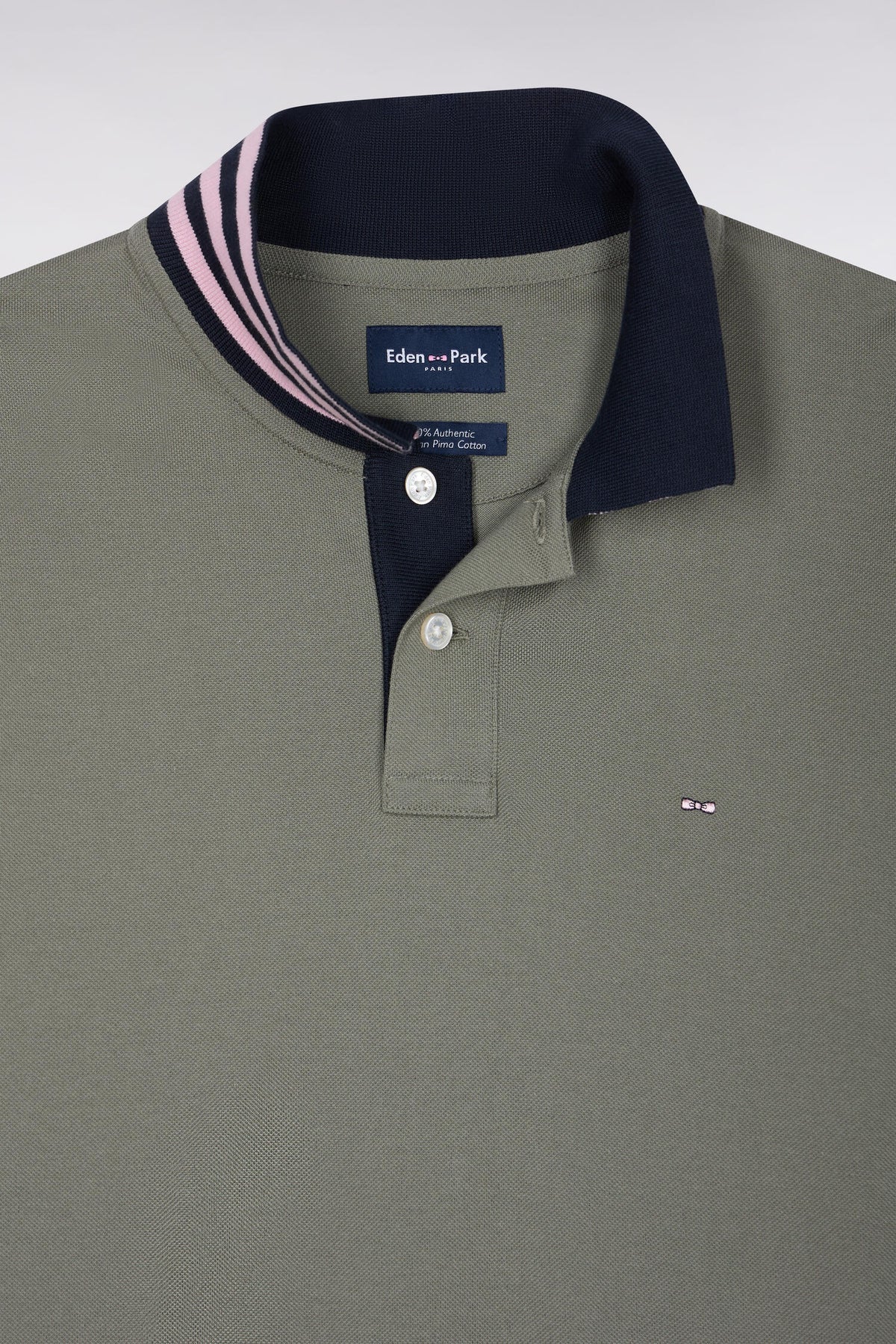 Polo manches courtes sous-col rayé en coton Pima kaki coupe droite