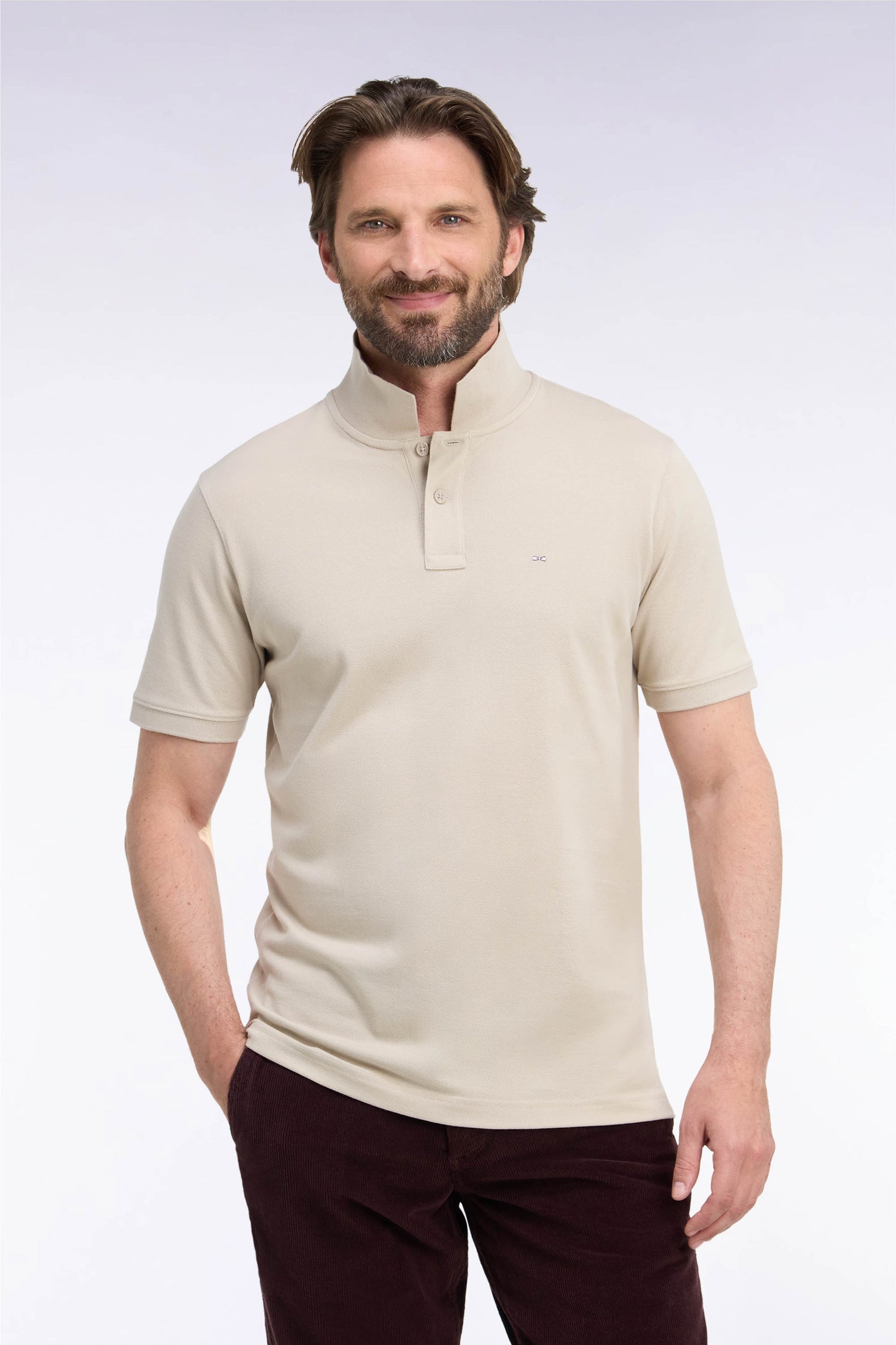 Polo manches courtes en coton Pima beige coupe droite