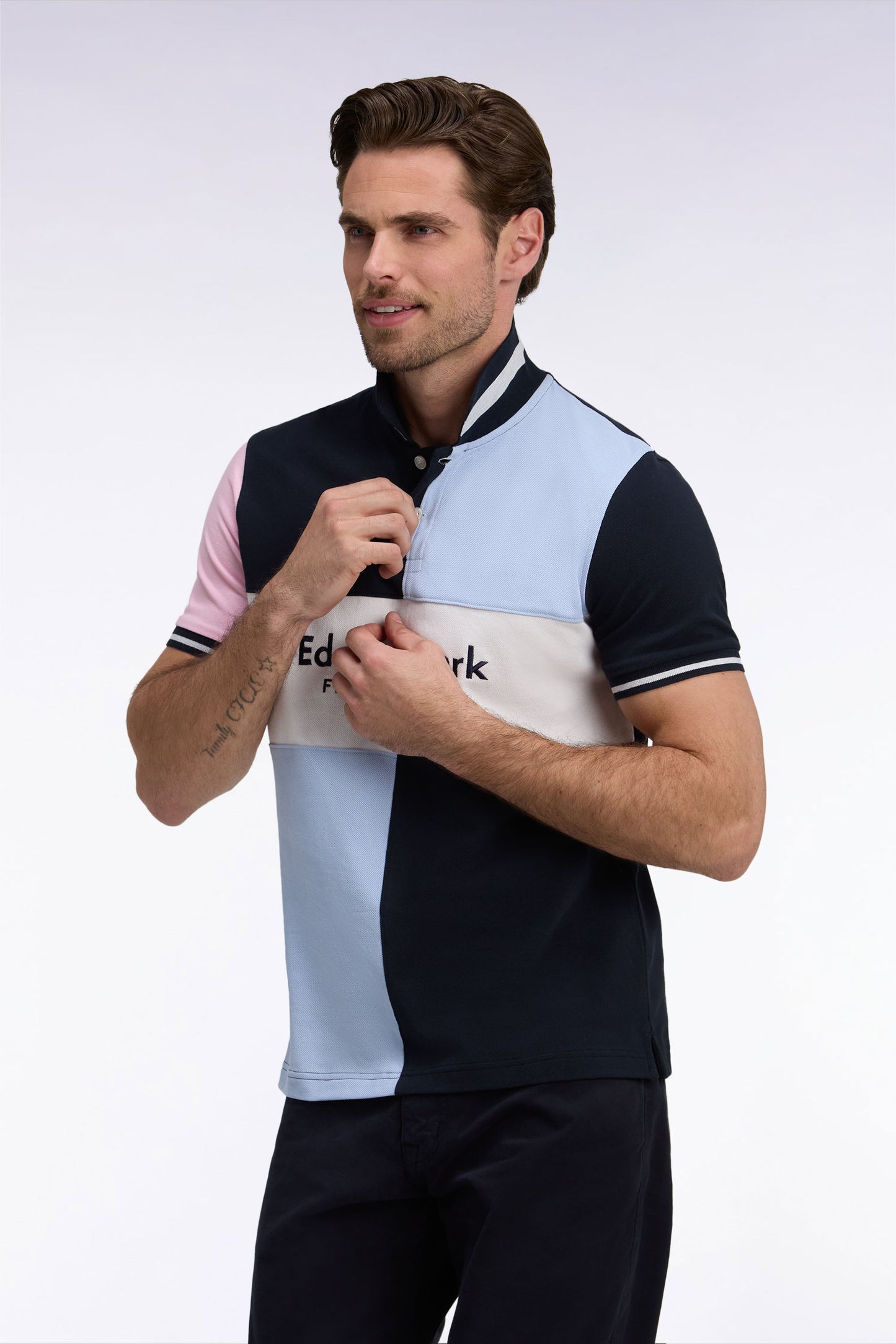 Polo manches courtes en coton marine et ciel broderie Eden Park coupe droite