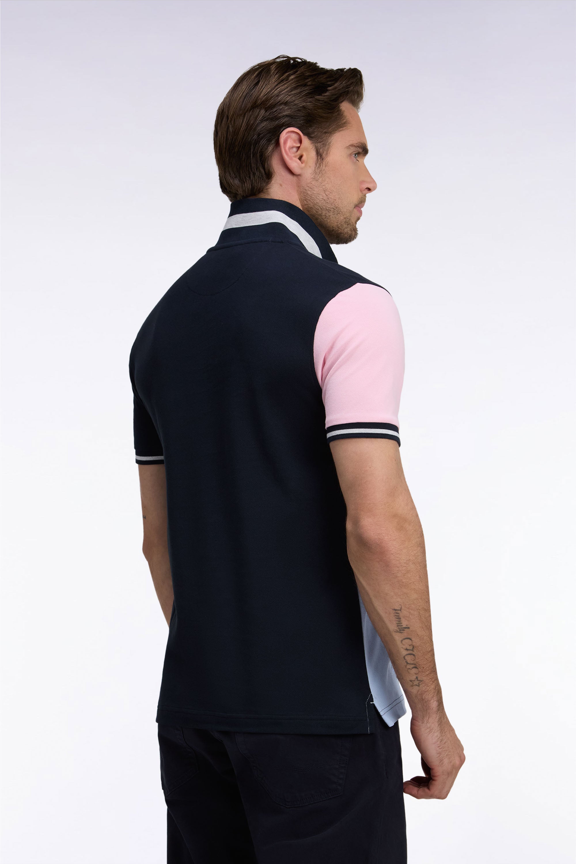 Polo manches courtes en coton marine et ciel broderie Eden Park coupe droite