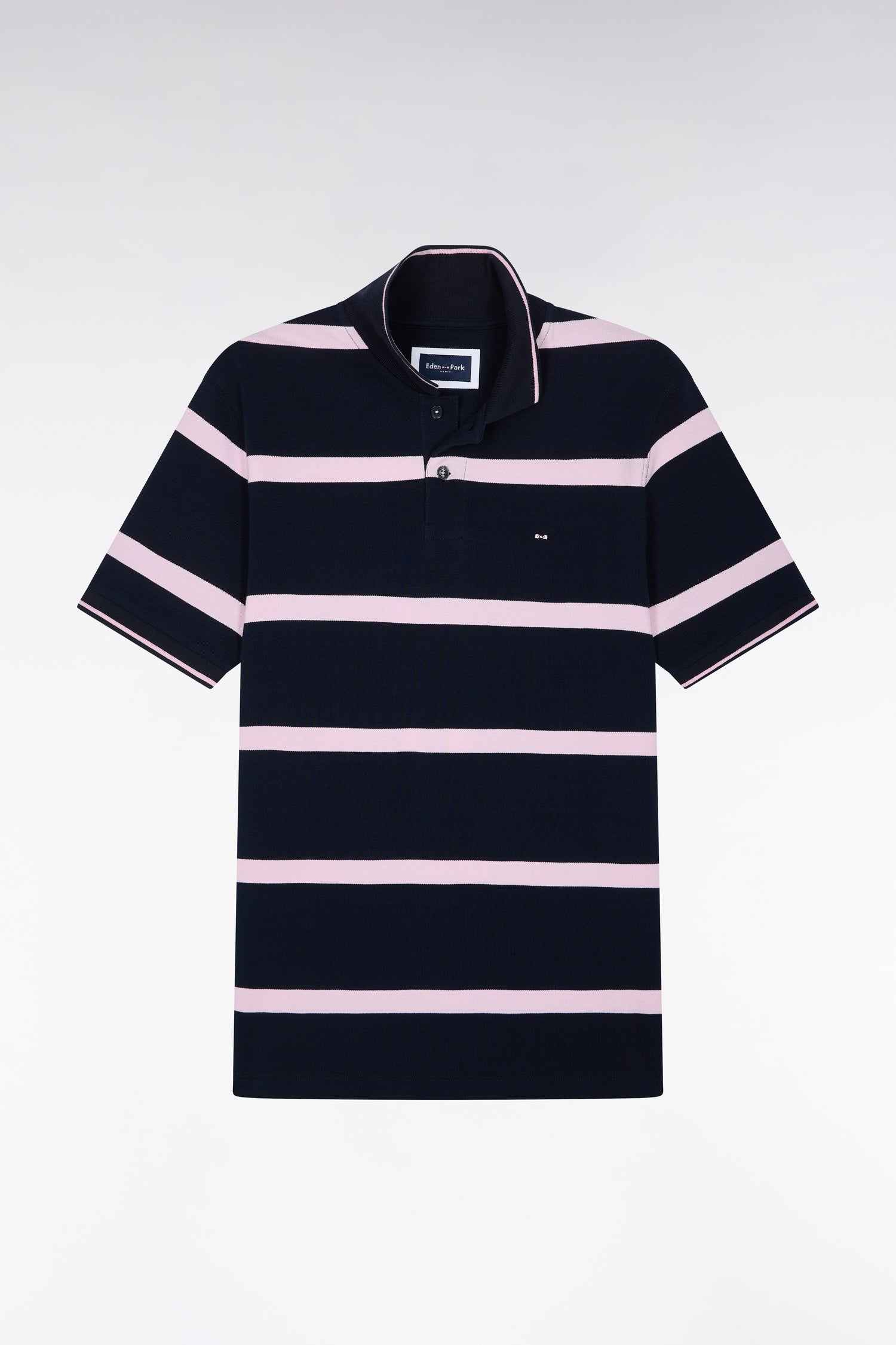Polo manches courtes marine à rayures roses coupe droite