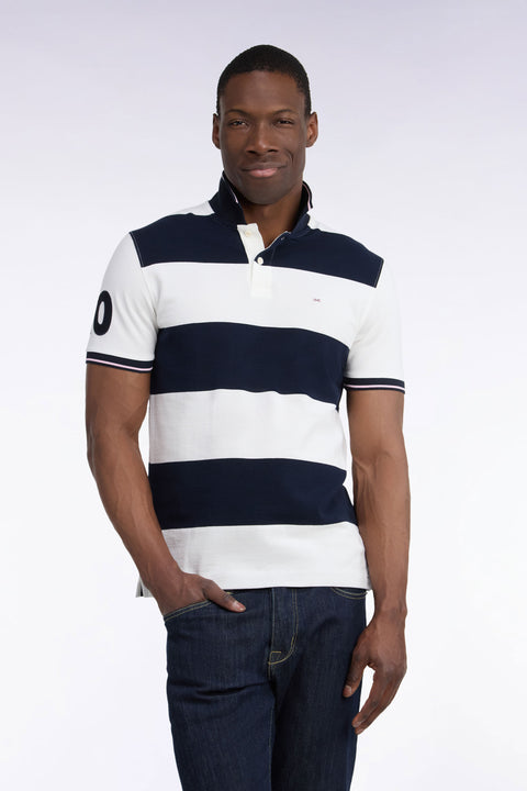 Short-sleeved polo shirt with ecru and navy rugby stripes, straight cut - Image 3