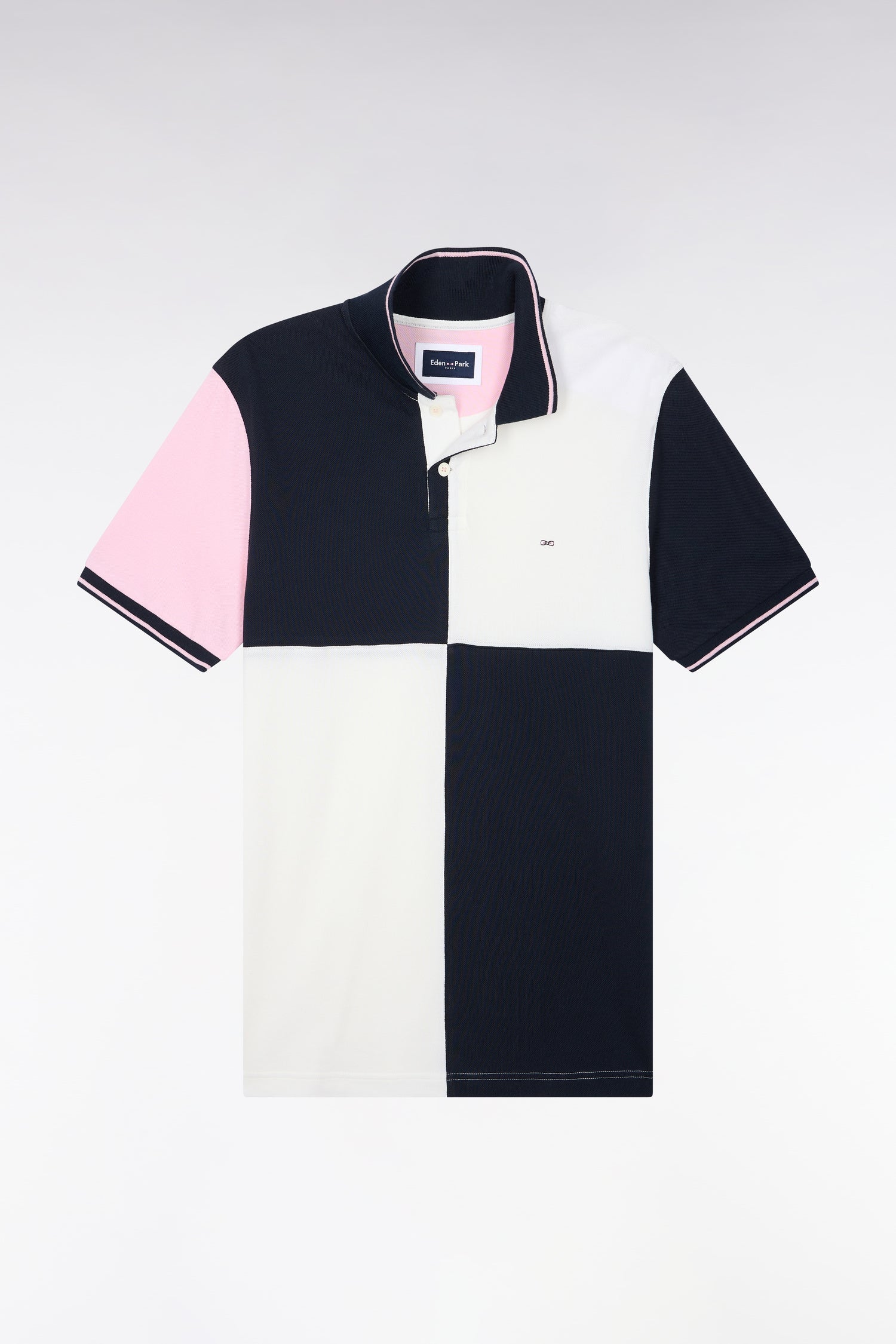 Polo manches courtes en piqué de coton tricolore à découpes écru coupe droite
