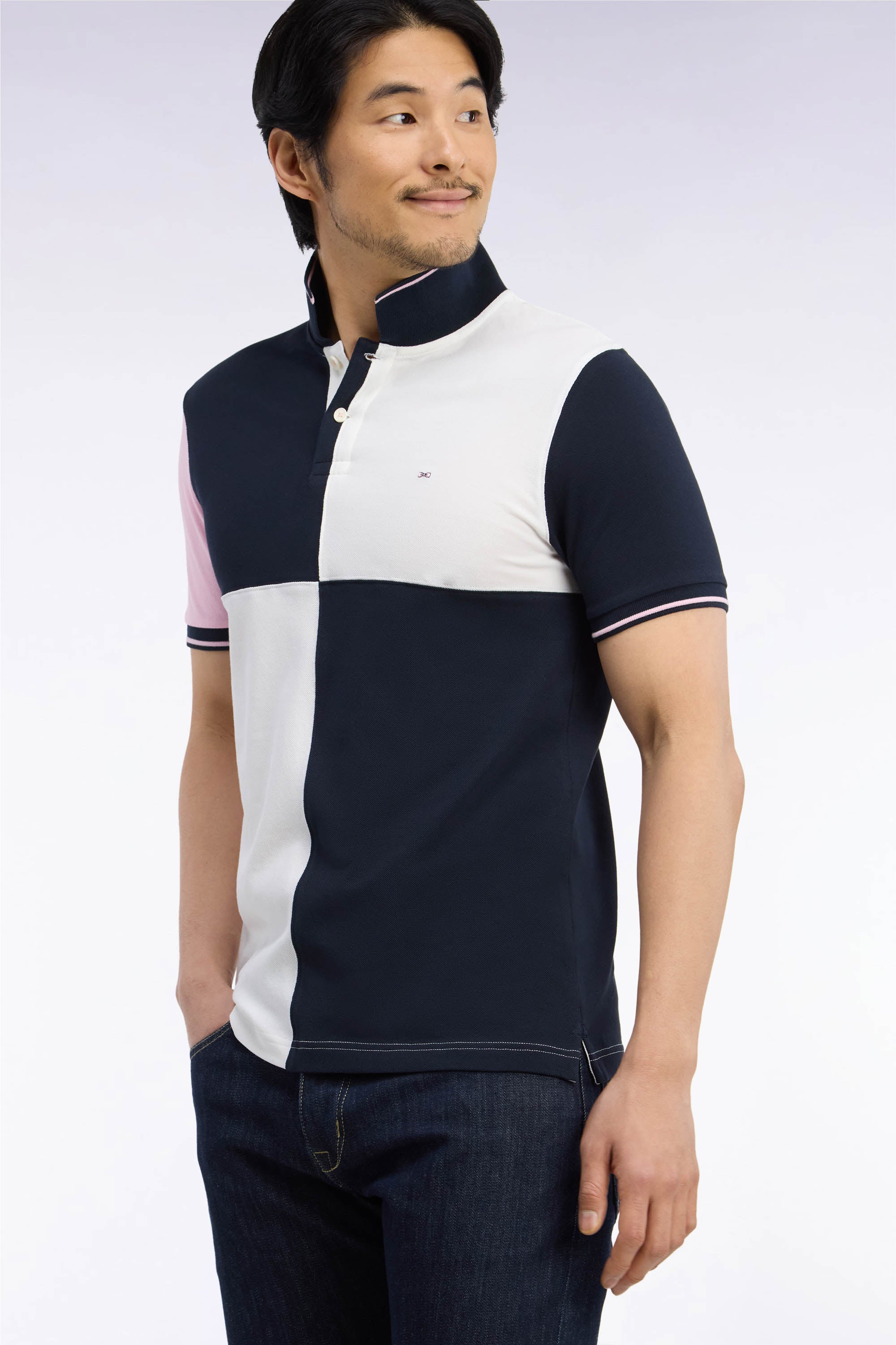 Poloshirt kurze Ärmel aus piqué von Baumwolle dreifarbig mit Einsätze Ecru gerade Passform