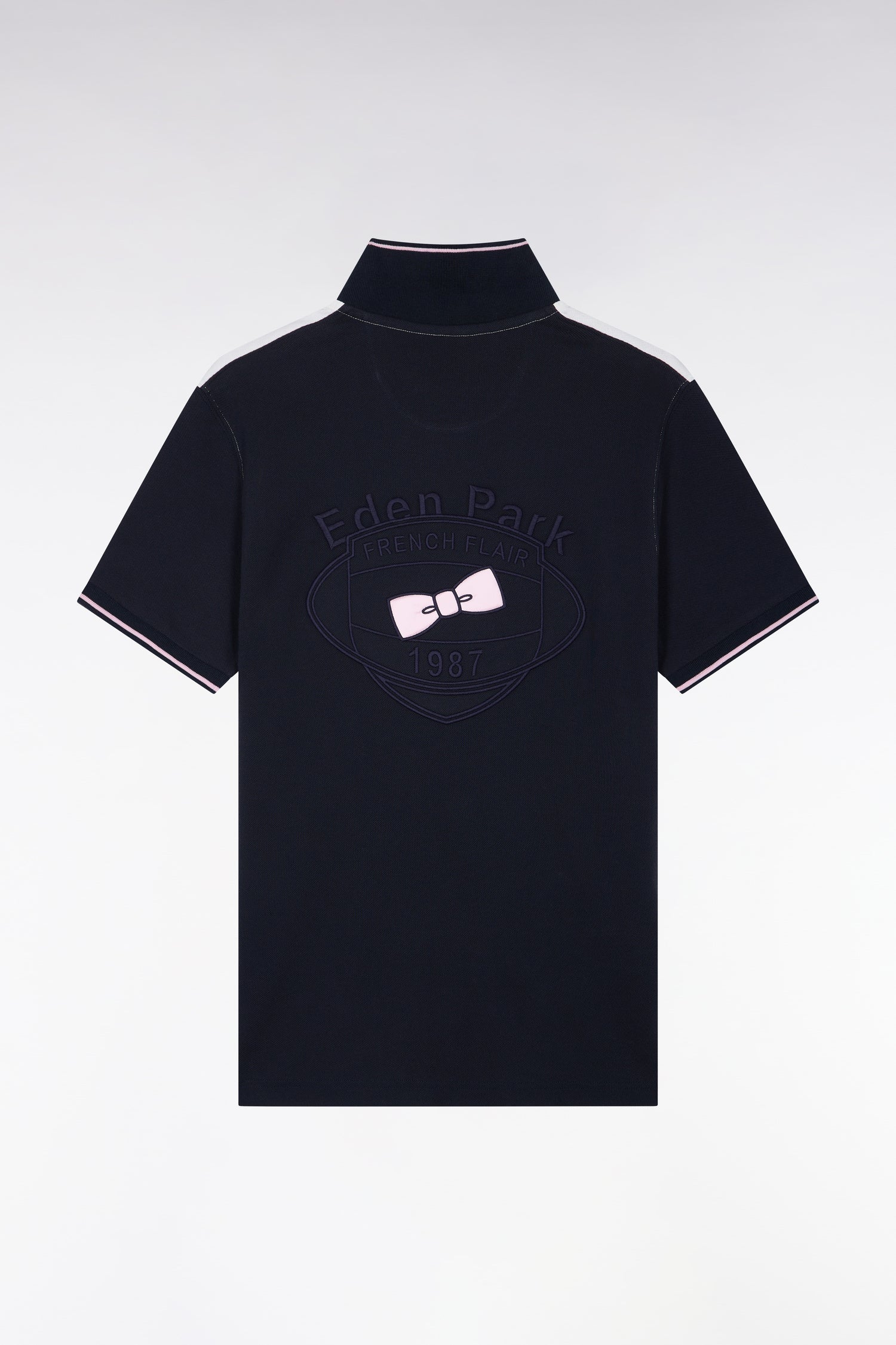 Kurzarm-Rugbyshirt aus Baumwolle Marineblau Rücken bestickt gerade Passform