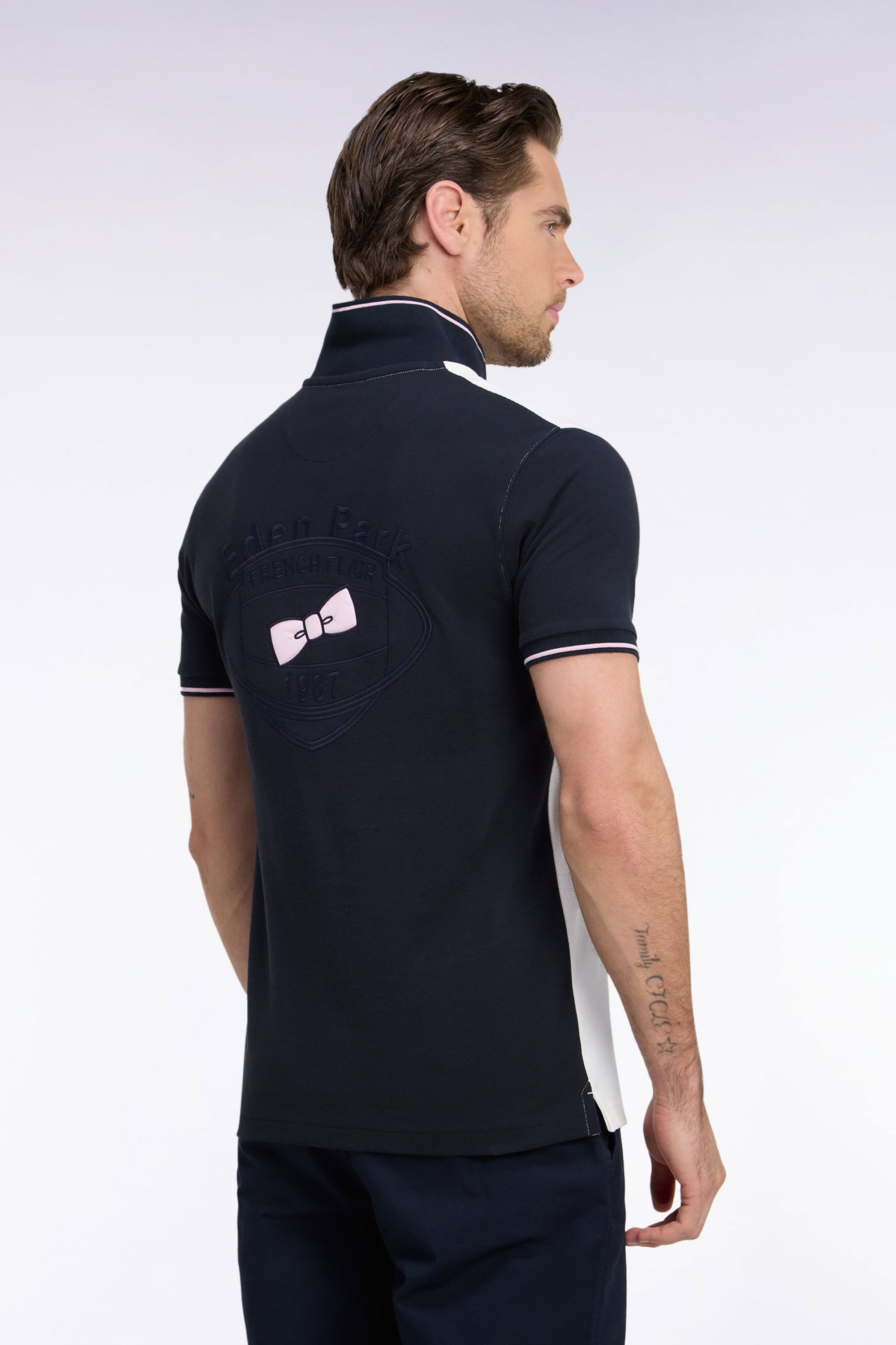 Kurzarm-Rugbyshirt aus Baumwolle Marineblau Rücken bestickt gerade Passform