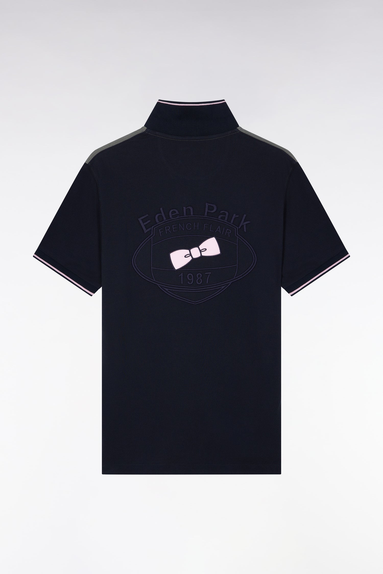 Kurzarm-Rugbyshirt aus Baumwolle Marineblau Rücken bestickt gerade Passform