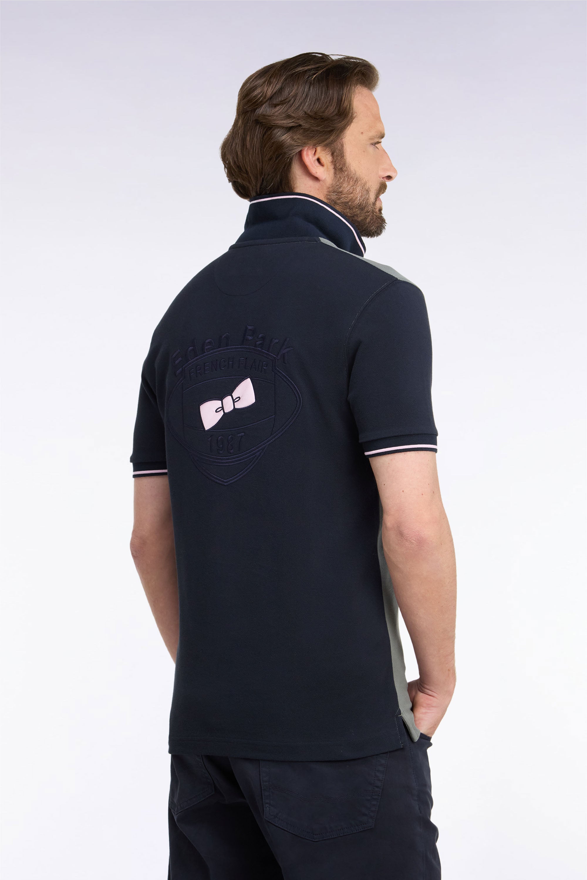 Kurzarm-Rugbyshirt aus Baumwolle Marineblau Rücken bestickt gerade Passform