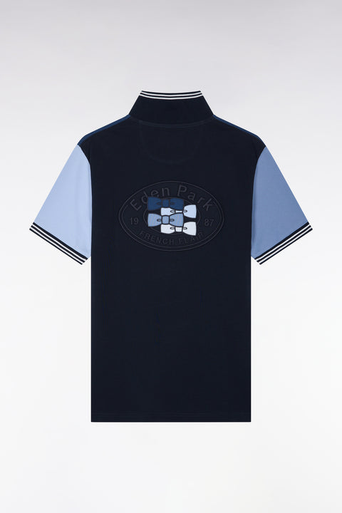 Polo manches courtes en coton tricolore bleu coupe droite - Image 2
