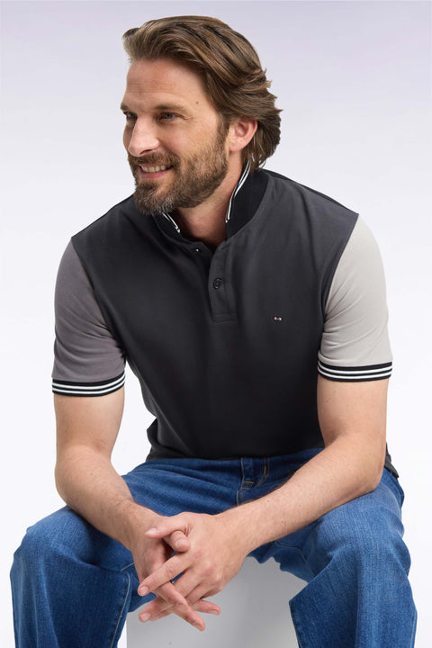 Polo manches courtes en coton tricolore gris coupe droite - Image 1