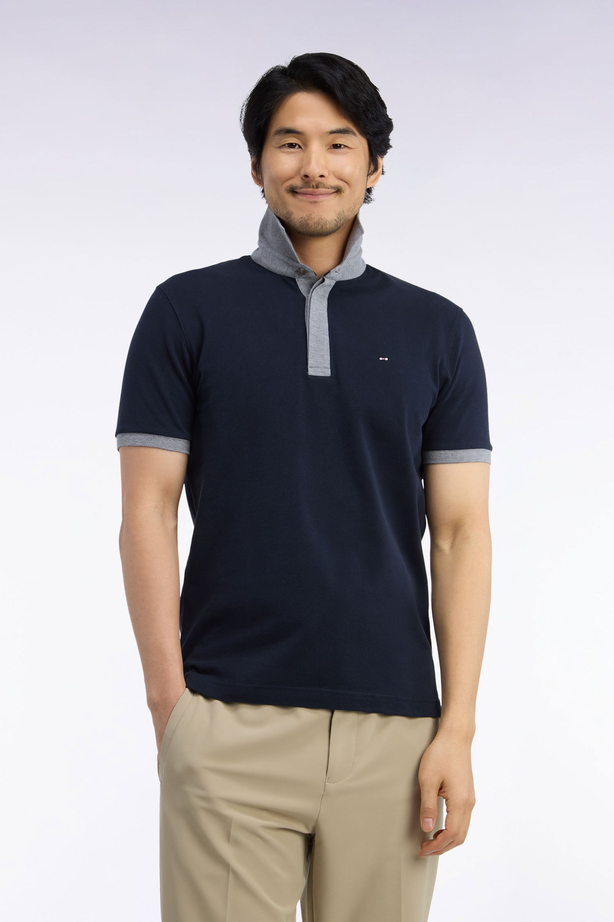 Pullover Polokragen aus Baumwolle Marineblau und Grau gerade Passform