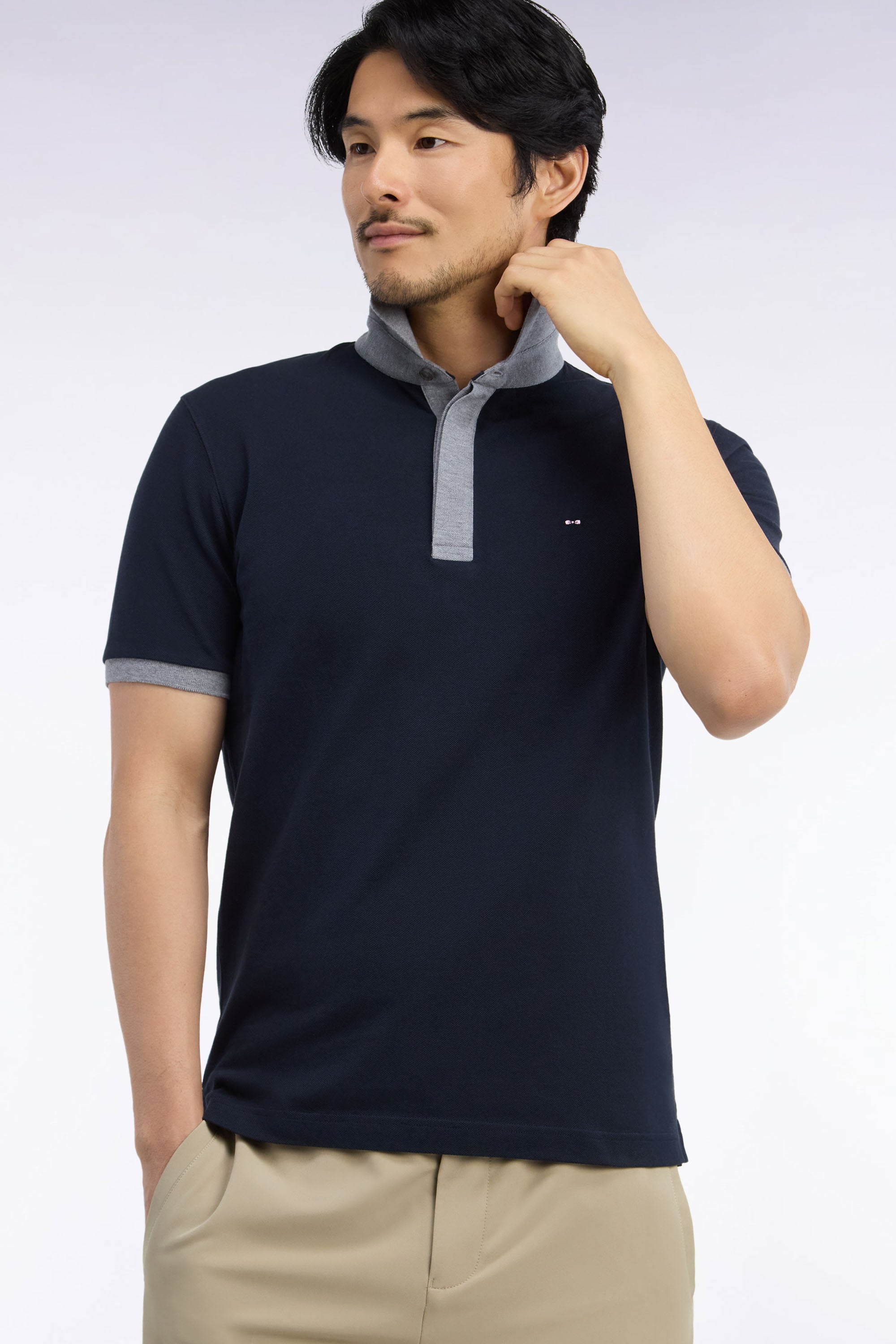 Pullover Polokragen aus Baumwolle Marineblau und Grau gerade Passform