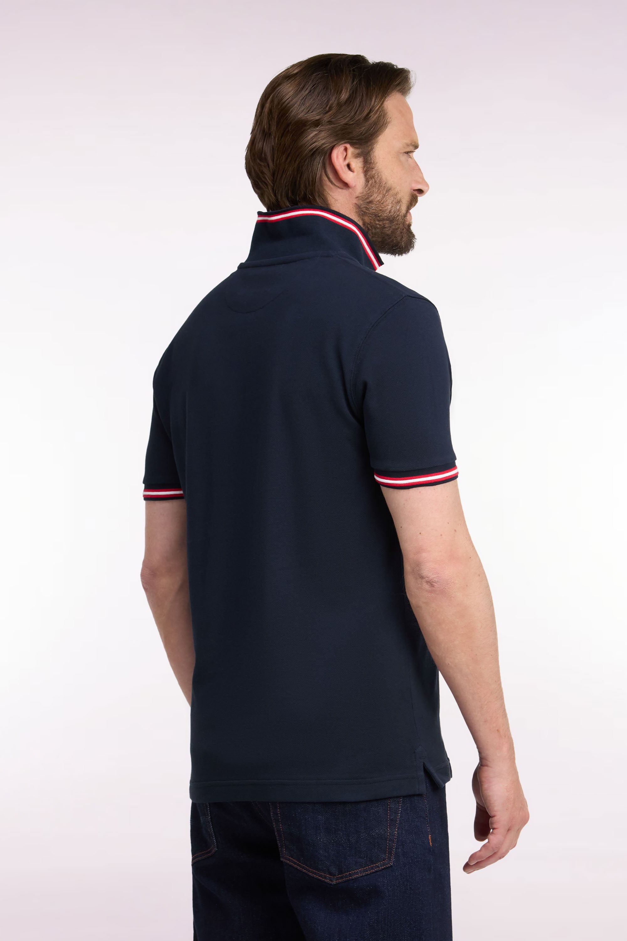 polo shirt short sleeves in piqué of cotton peigné navy with patch straight fit
