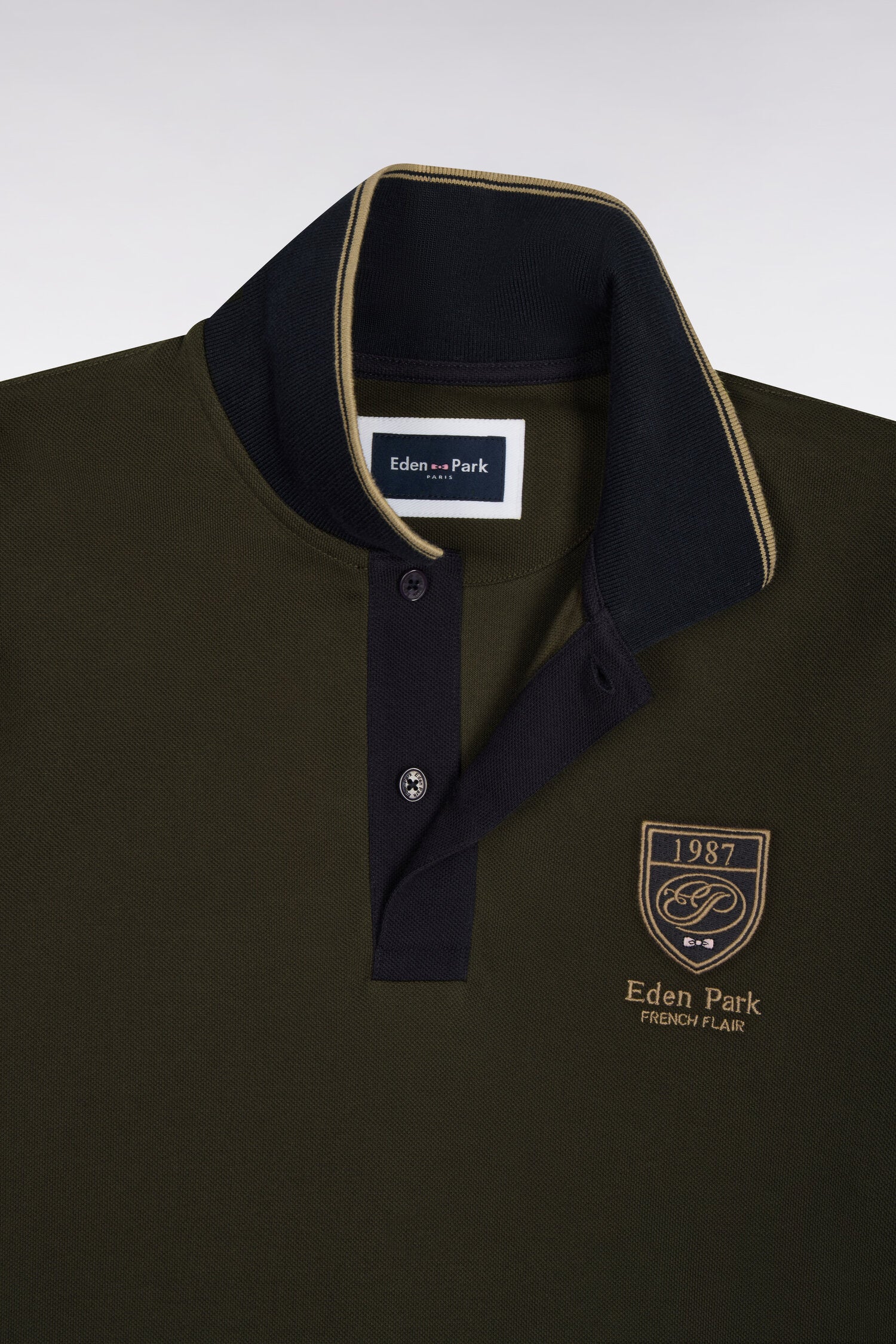 Poloshirt kurze Ärmel aus Baumwolle Grün mit Wappen-Patch gerade Passform