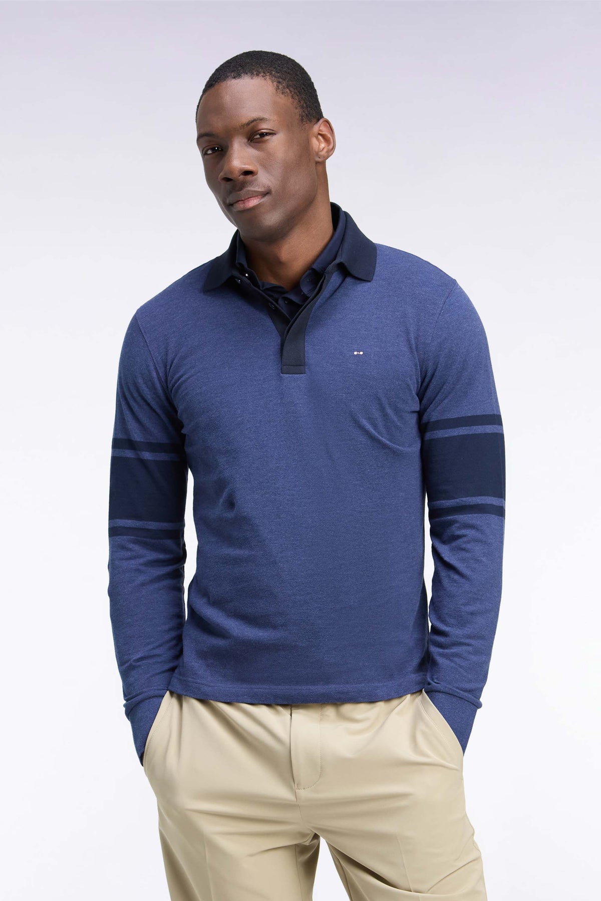 Long-sleeved polo shirt in blue and navy cotton pique straight cut
