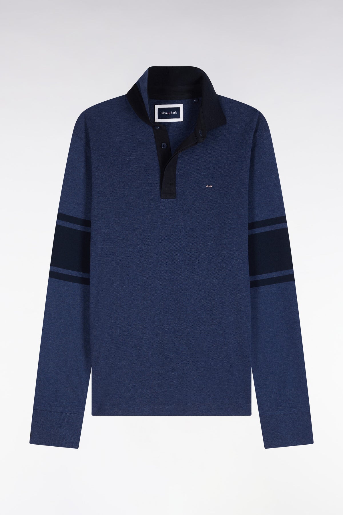 Long-sleeved polo shirt in blue and navy cotton pique straight cut