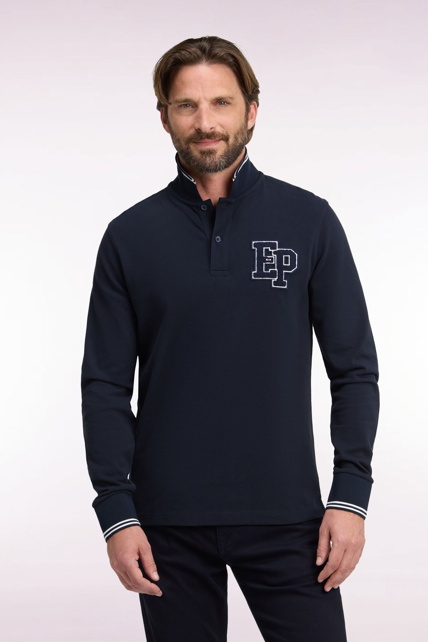 Polo manches longues en piqué de coton peigné marine coupe droite