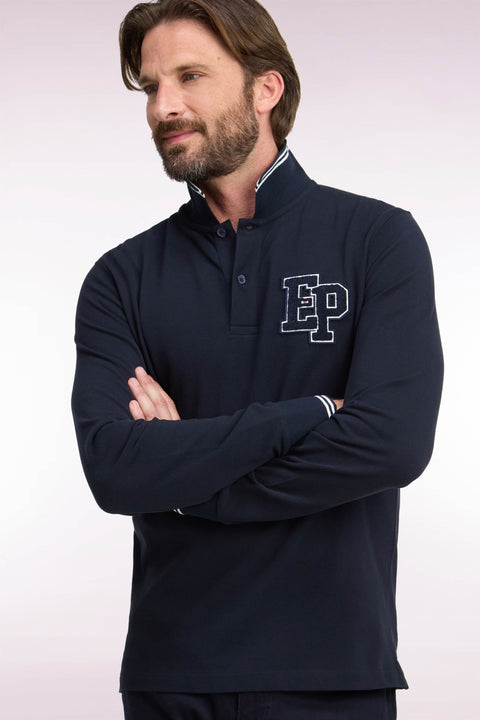 Polo manches longues en piqué de coton peigné marine coupe droite - Image 1