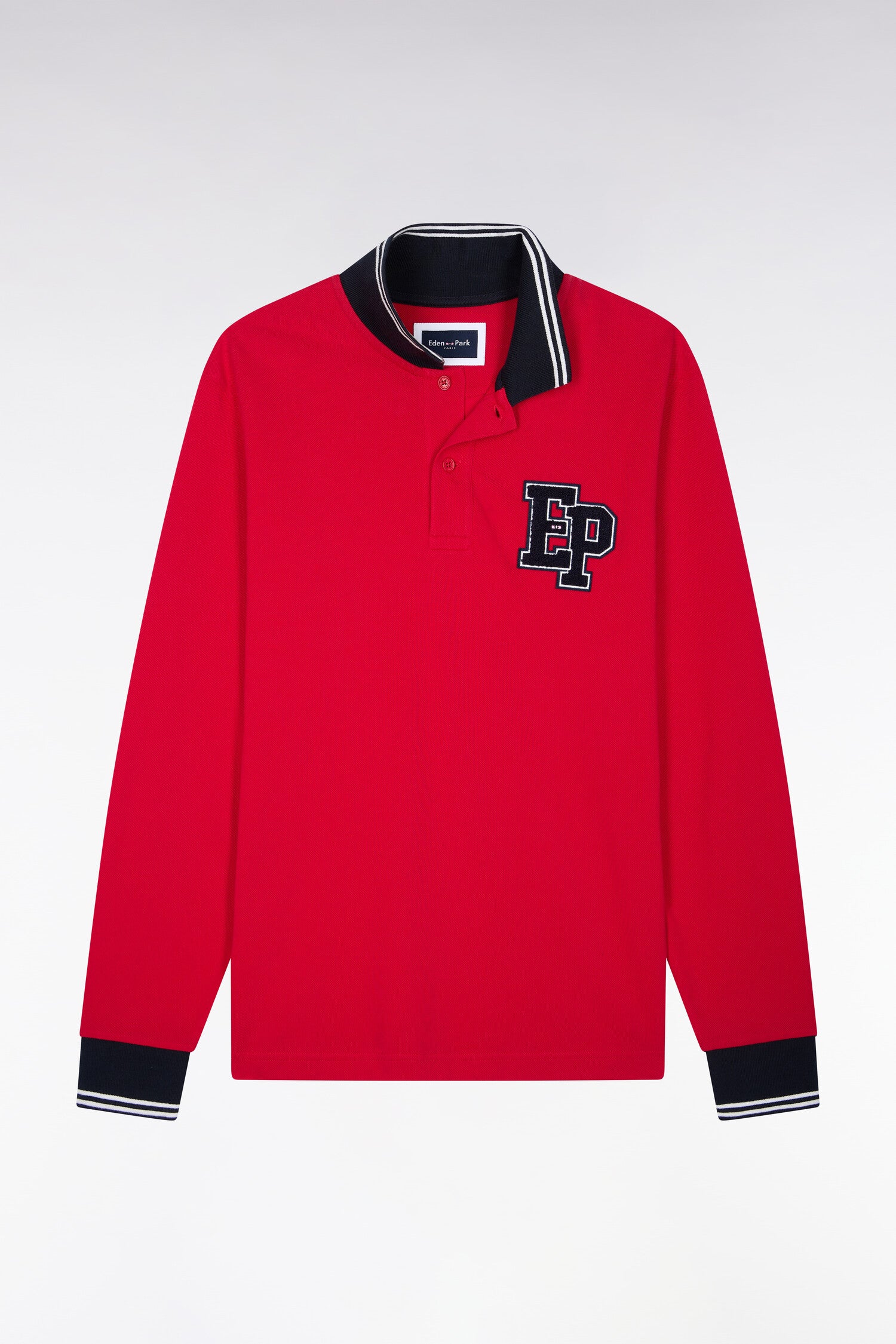 Polo manches longues en piqué de coton peigné rouge coupe droite