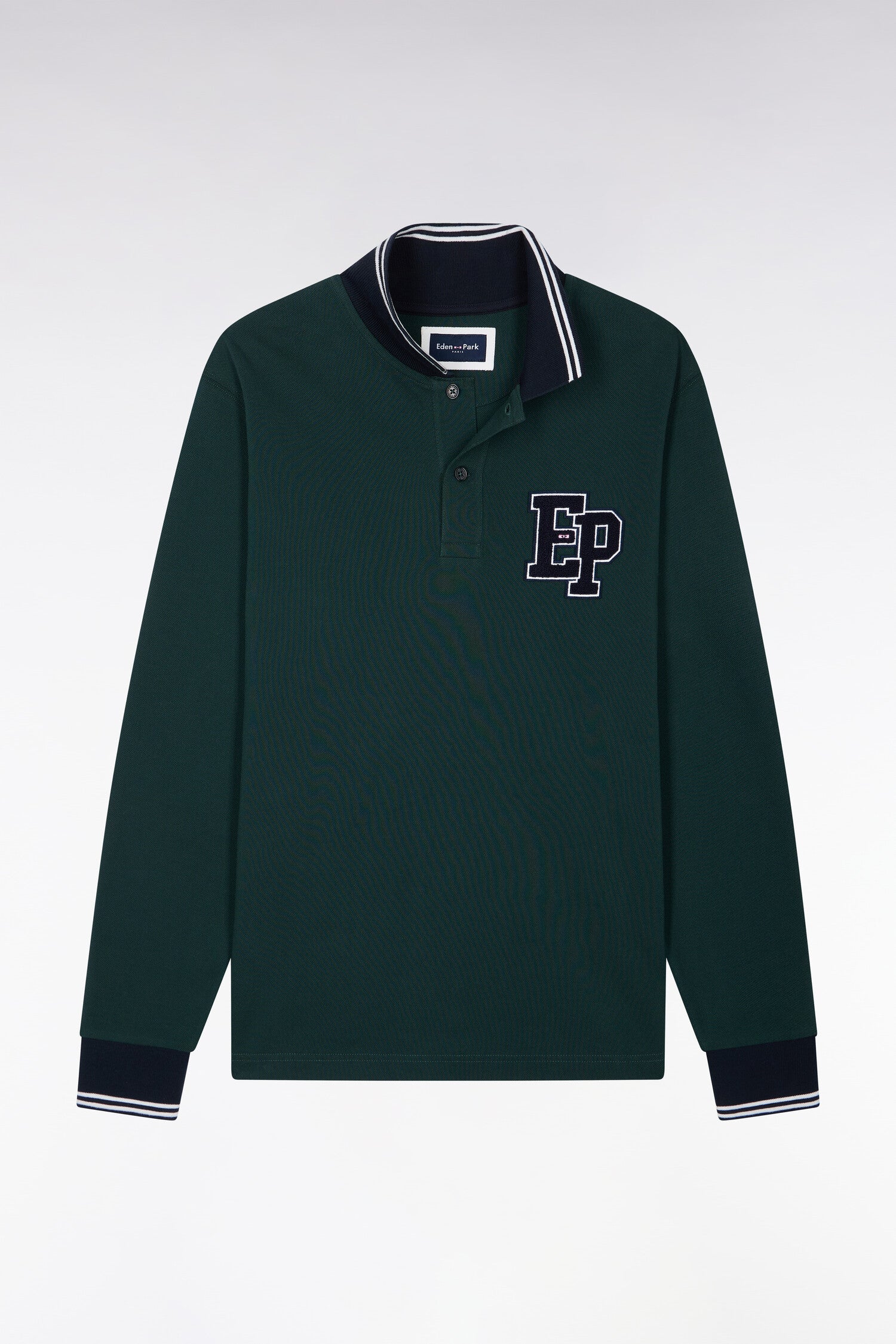 Polo manches longues en piqué de coton peigné vert foncé coupe droite