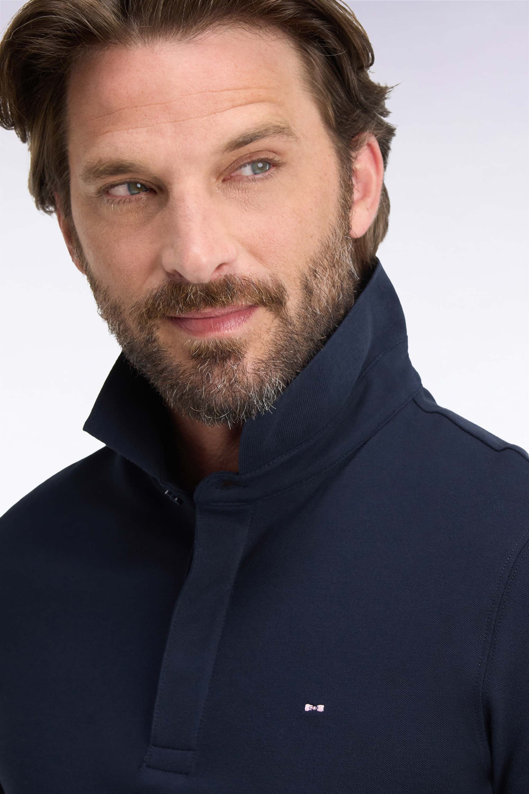 Polo manches longues en coton stretch marine coupe ajustée