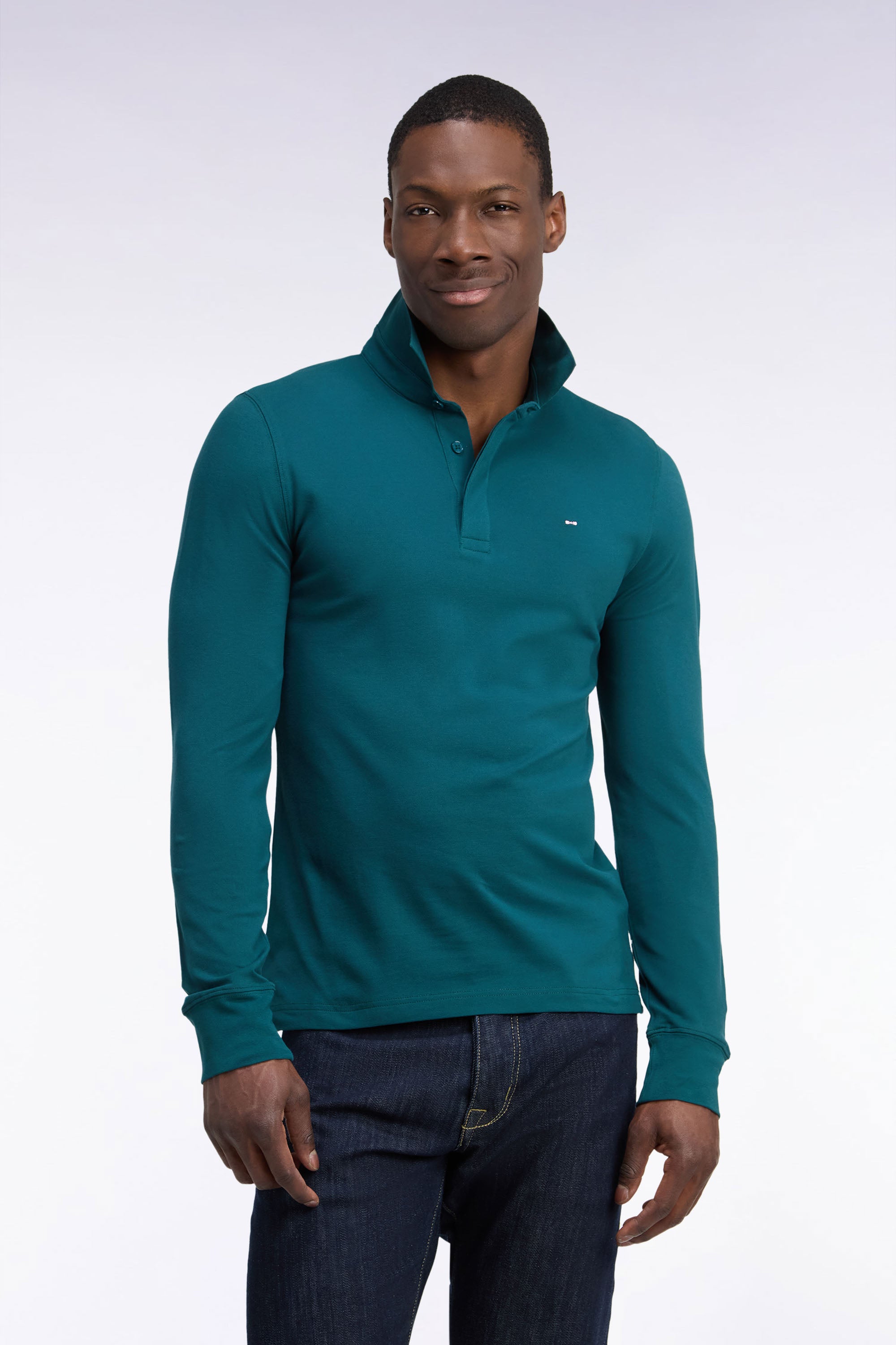 Polo manches longues en coton stretch vert coupe ajustée
