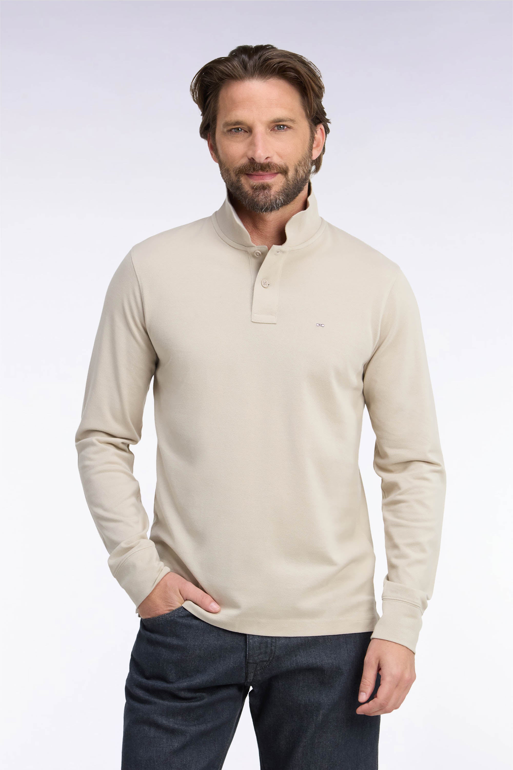 Polo manches longues en coton Pima beige coupe droite