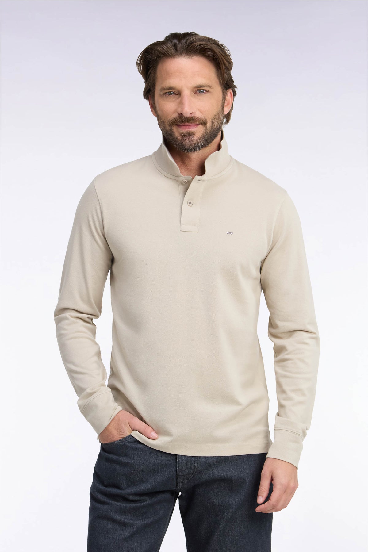 Polo manches longues en coton Pima beige coupe droite