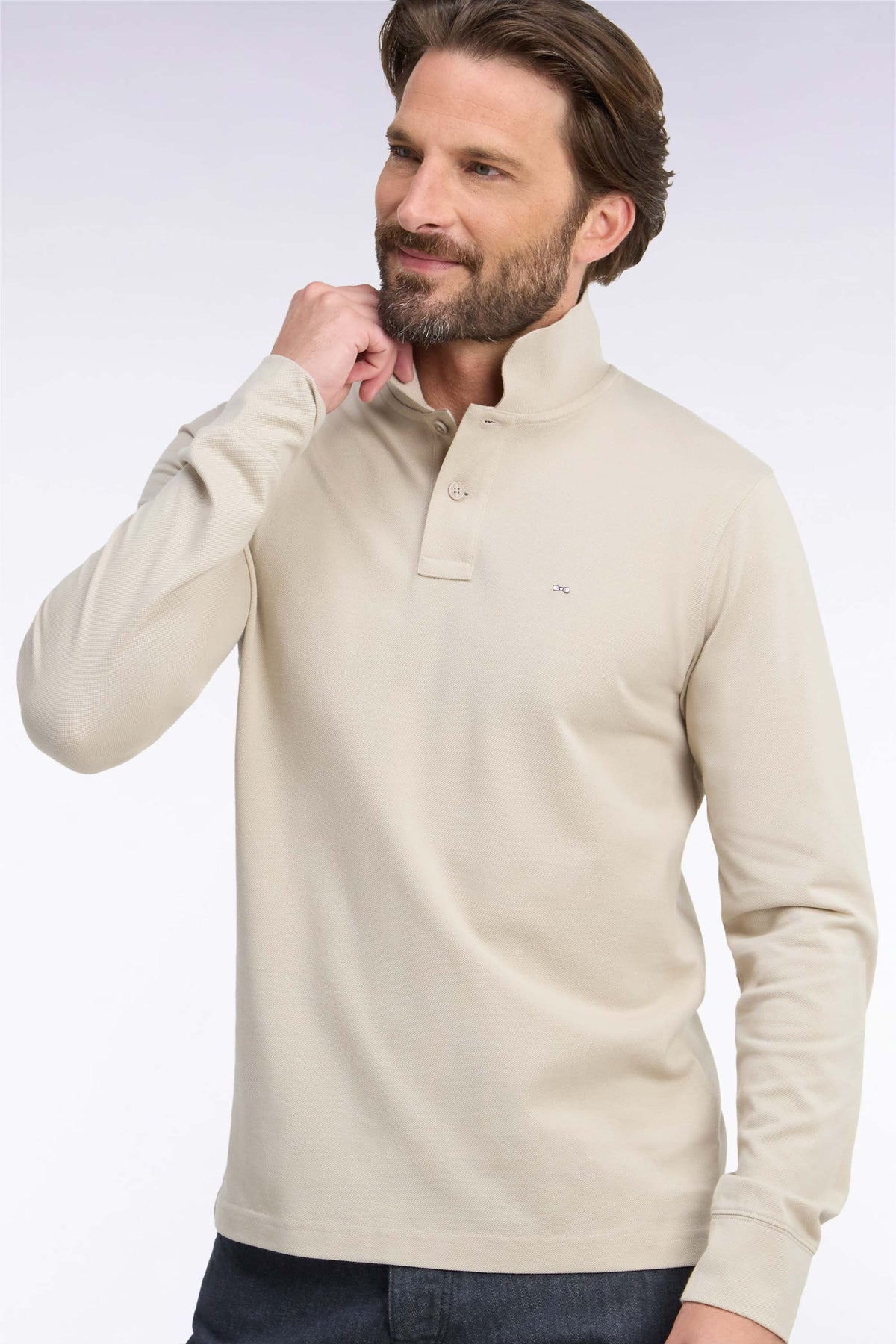 Polo manches longues en coton Pima beige coupe droite