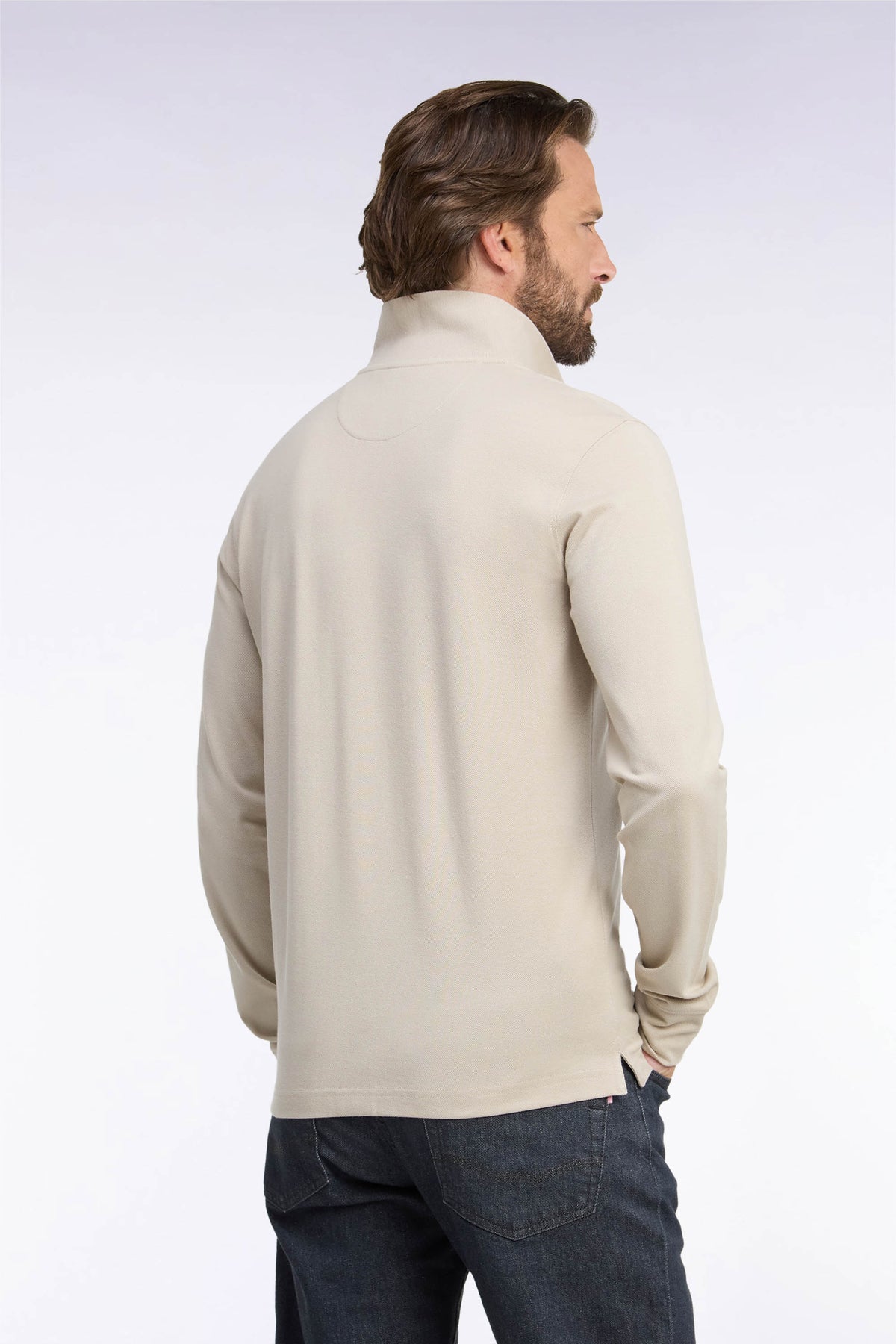 Polo manches longues en coton Pima beige coupe droite