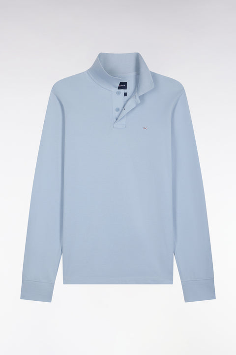 Long-sleeved polo shirt in sky blue Pima cotton, straight cut - Image 2