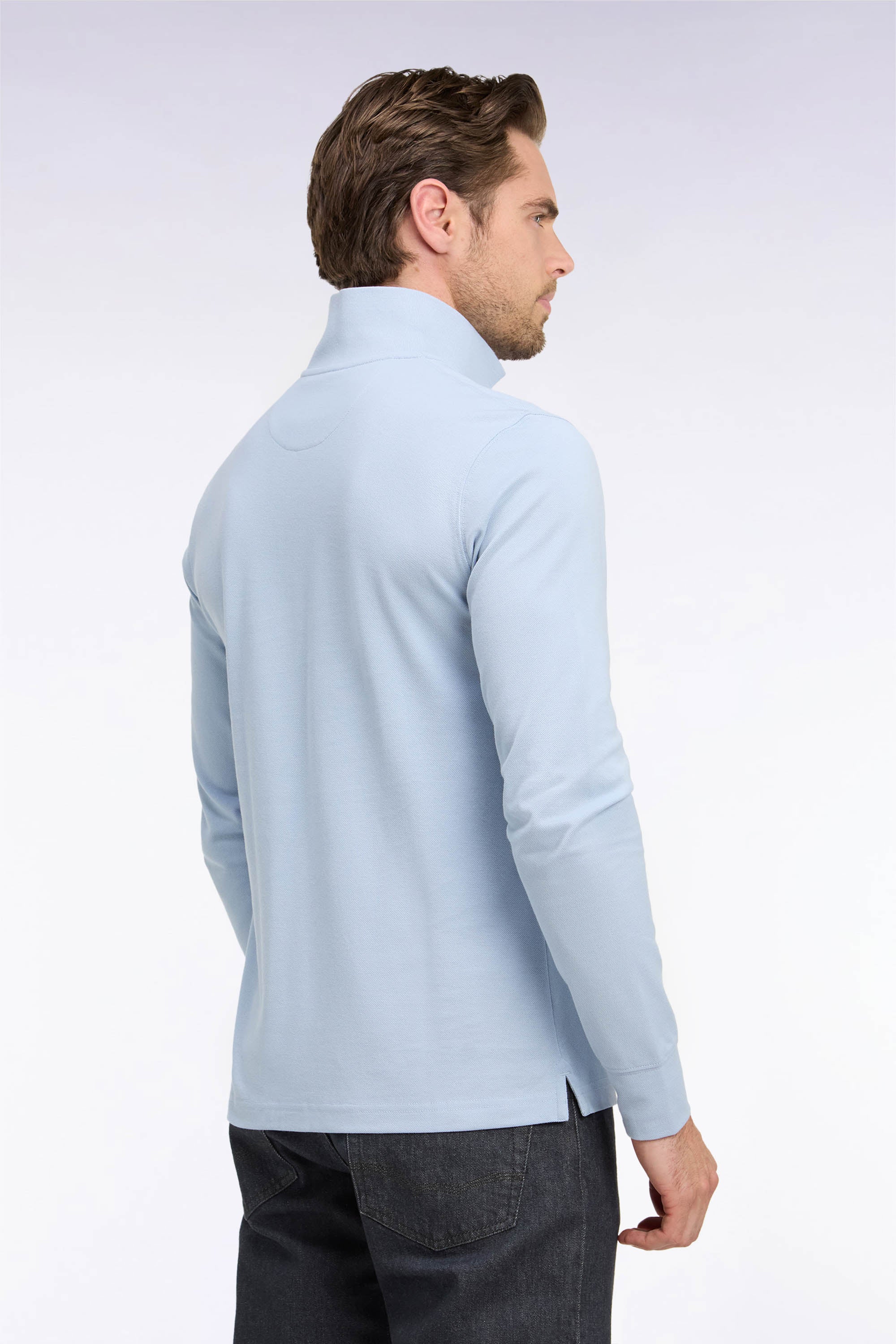 Polo manches longues en coton Pima bleu ciel coupe droite
