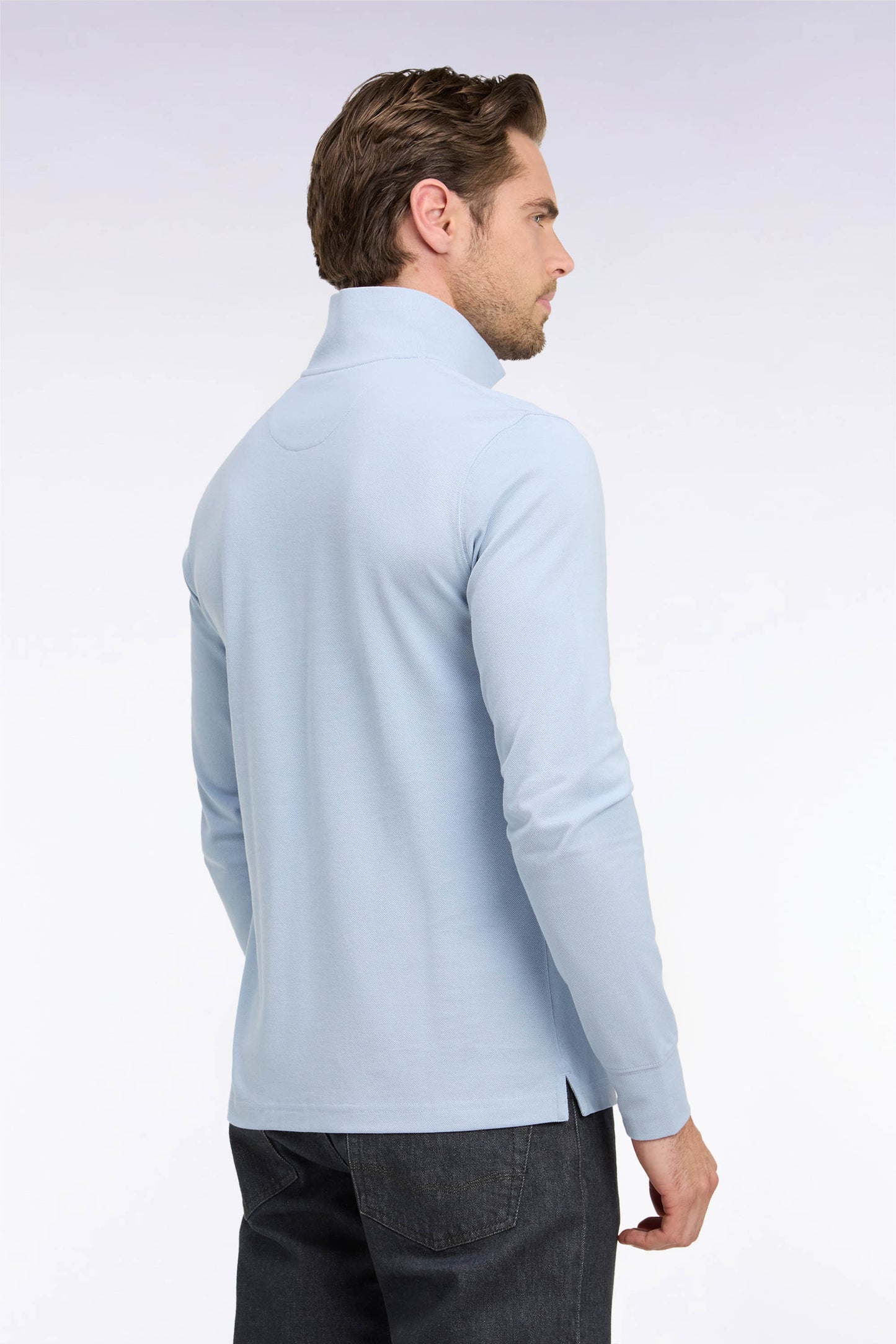 Polo manches longues en coton Pima bleu ciel coupe droite