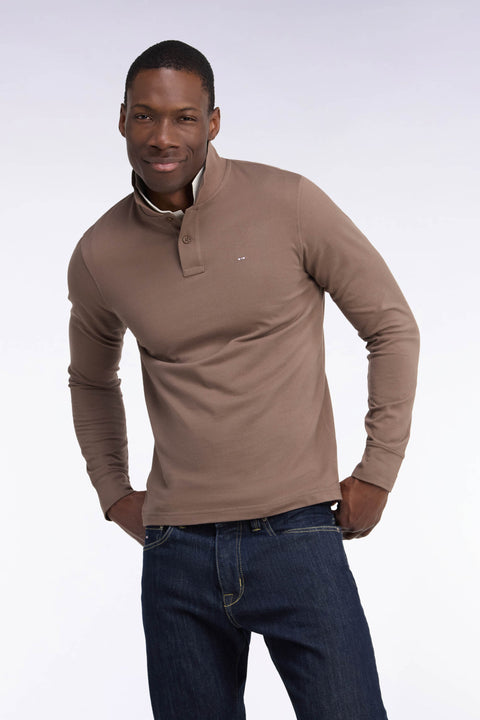 Polo manches longues en coton Pima marron coupe droite - Image 1