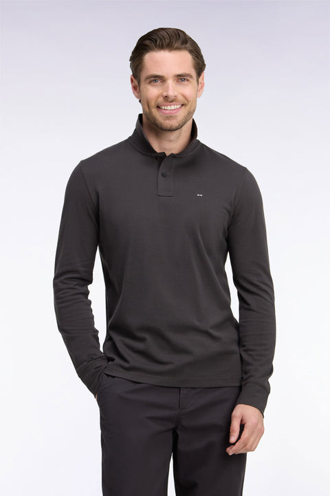 Long-sleeved polo shirt in dark brown Pima cotton, straight cut - Image 3