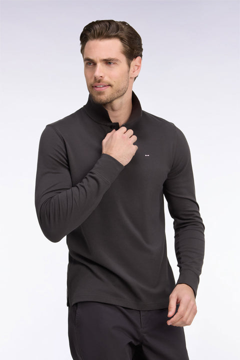 Long-sleeved polo shirt in dark brown Pima cotton, straight cut - Image 1