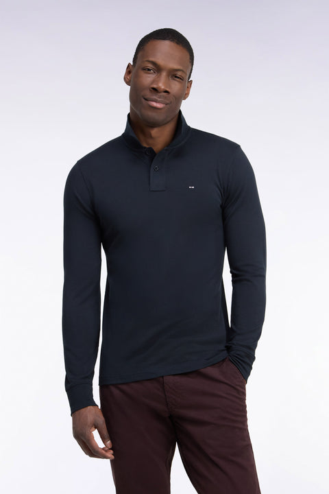 Long-sleeved black Pima cotton straight-cut polo shirt - Image 2