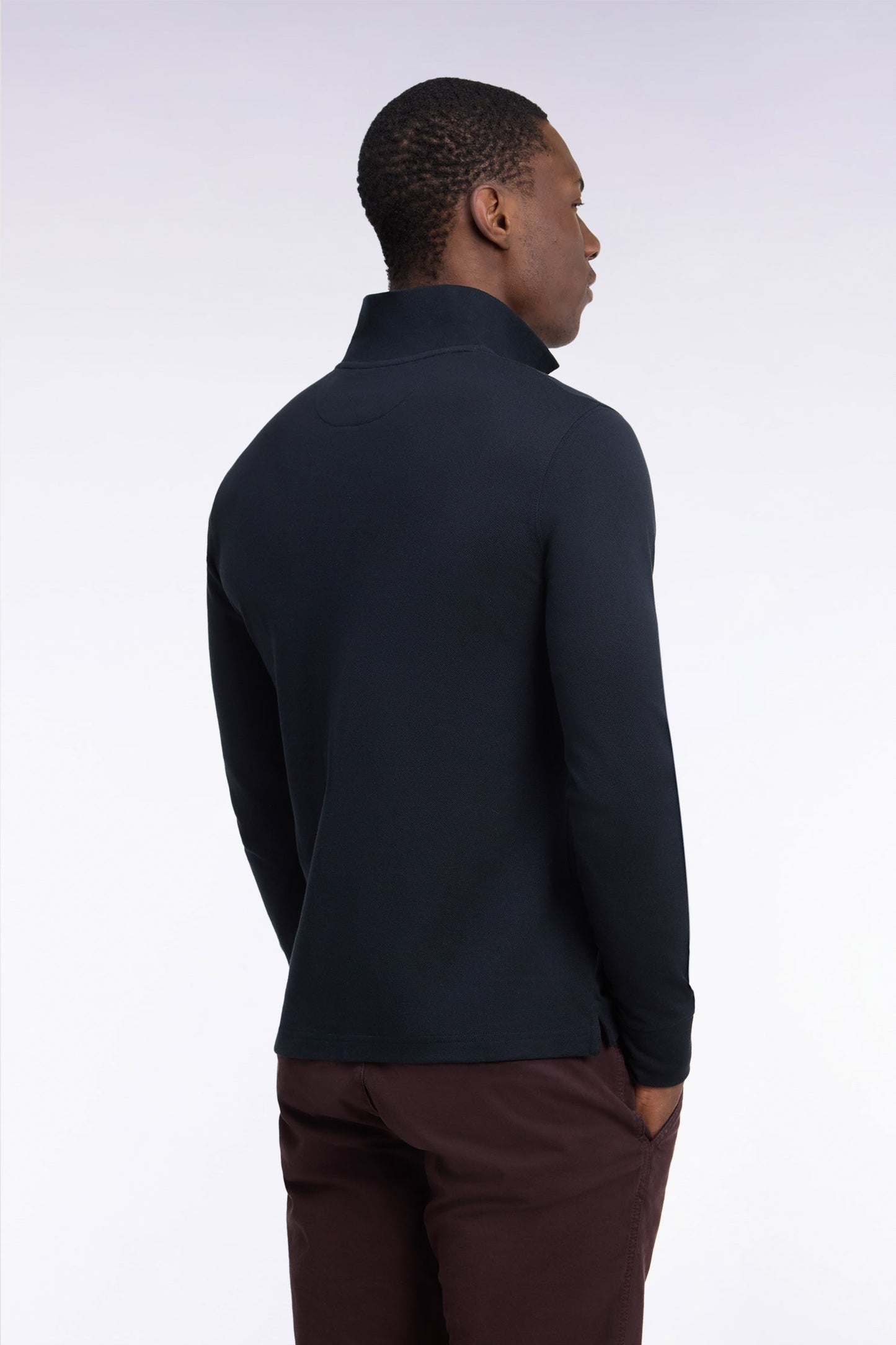 Long-sleeved black Pima cotton straight-cut polo shirt