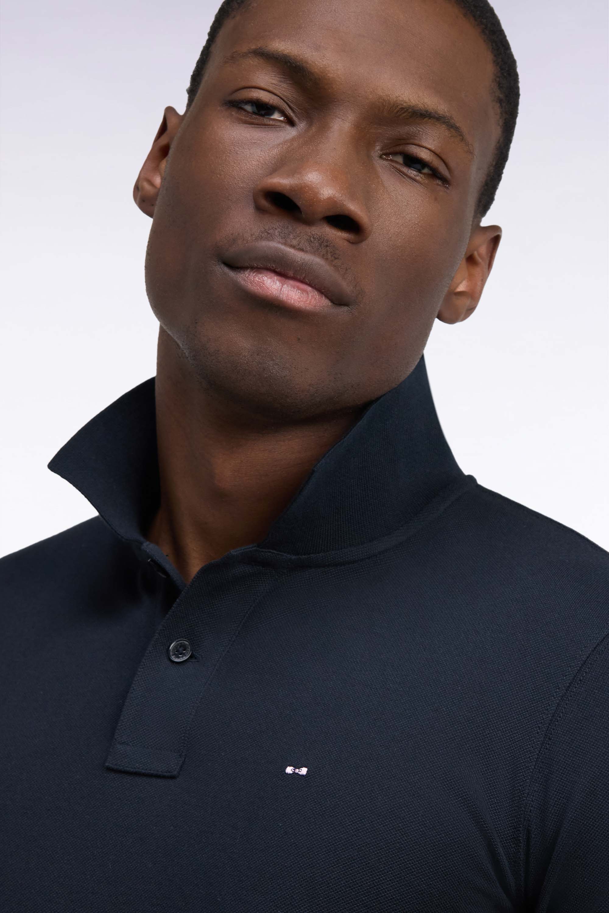 Polo manches longues en coton Pima noir coupe droite