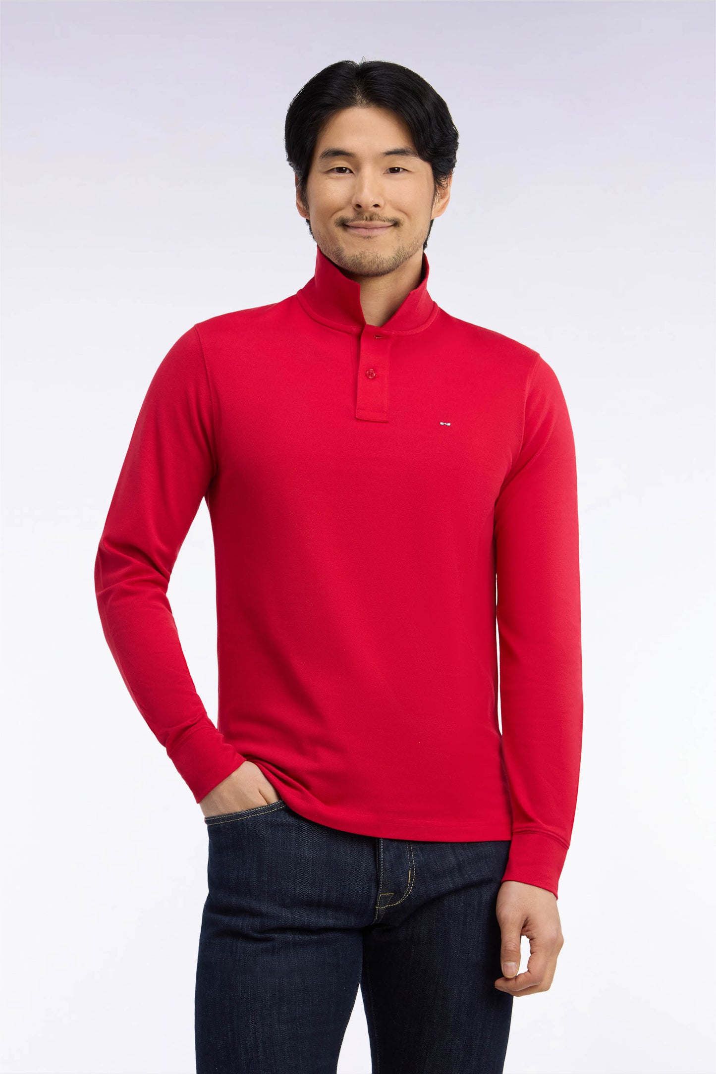 Polo manches longues en coton Pima rouge coupe droite