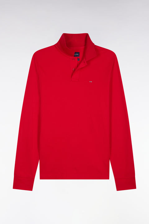 Long-sleeved straight-cut red Pima cotton polo shirt - Image 2