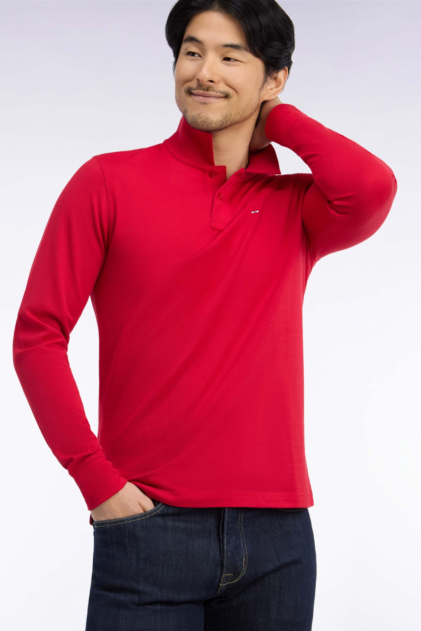 Polo manches longues en coton Pima rouge coupe droite